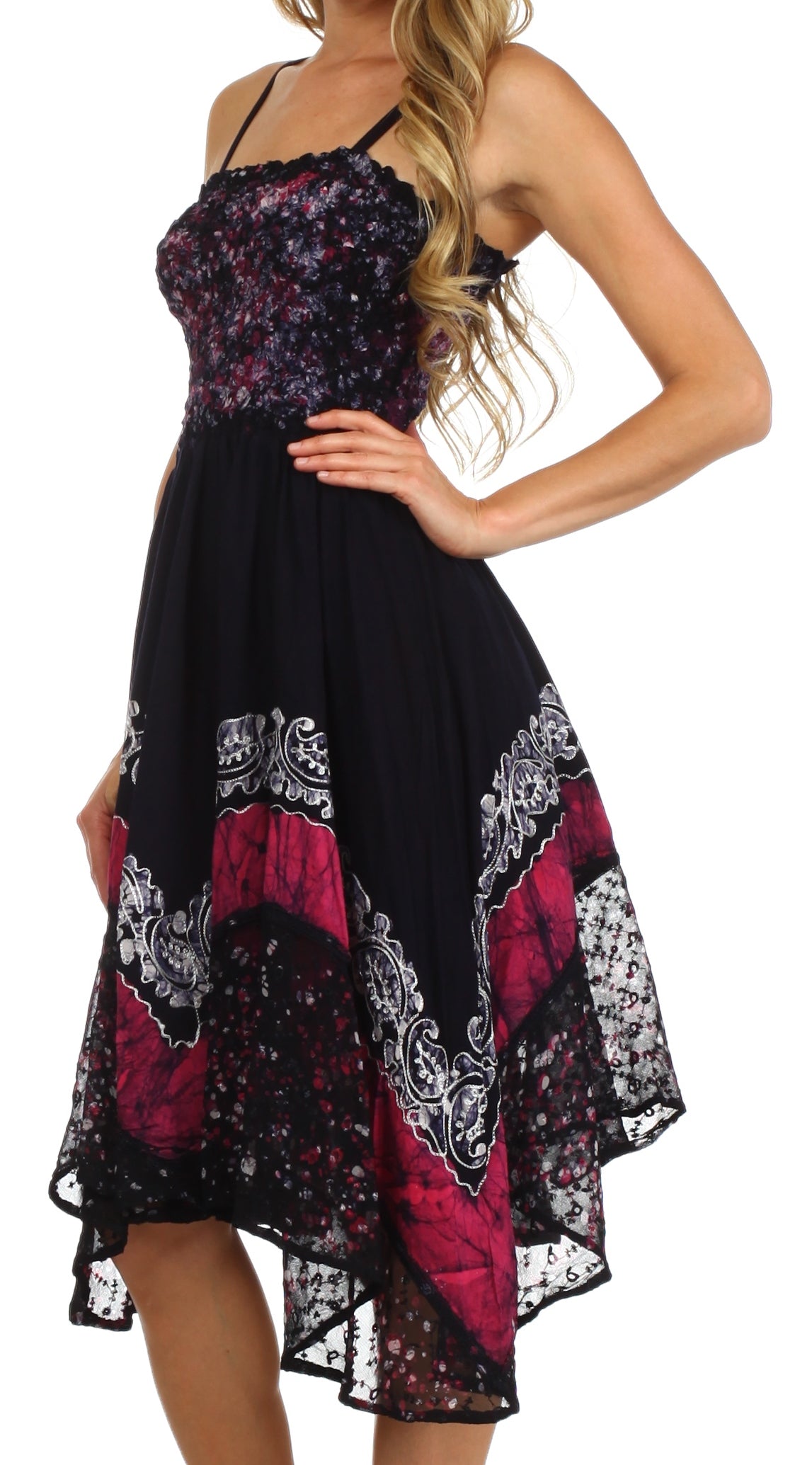 Black floral dress with red and white patterns on a white background