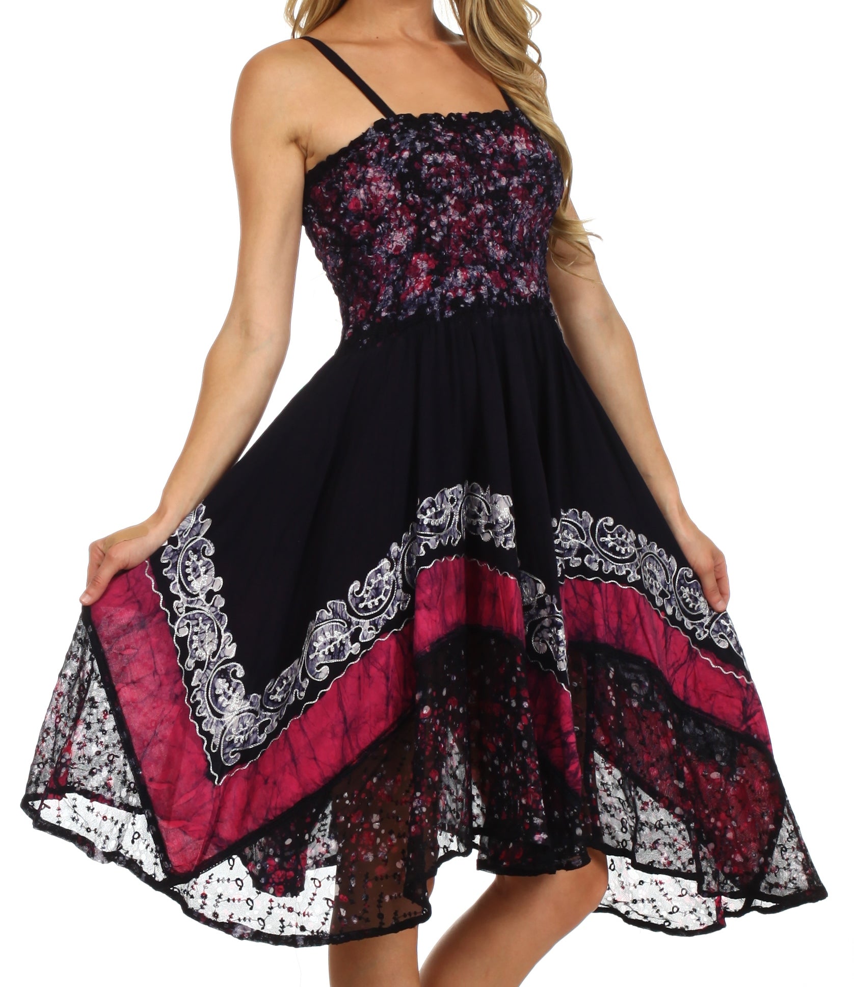 Black and red patterned dress with floral top on a white background