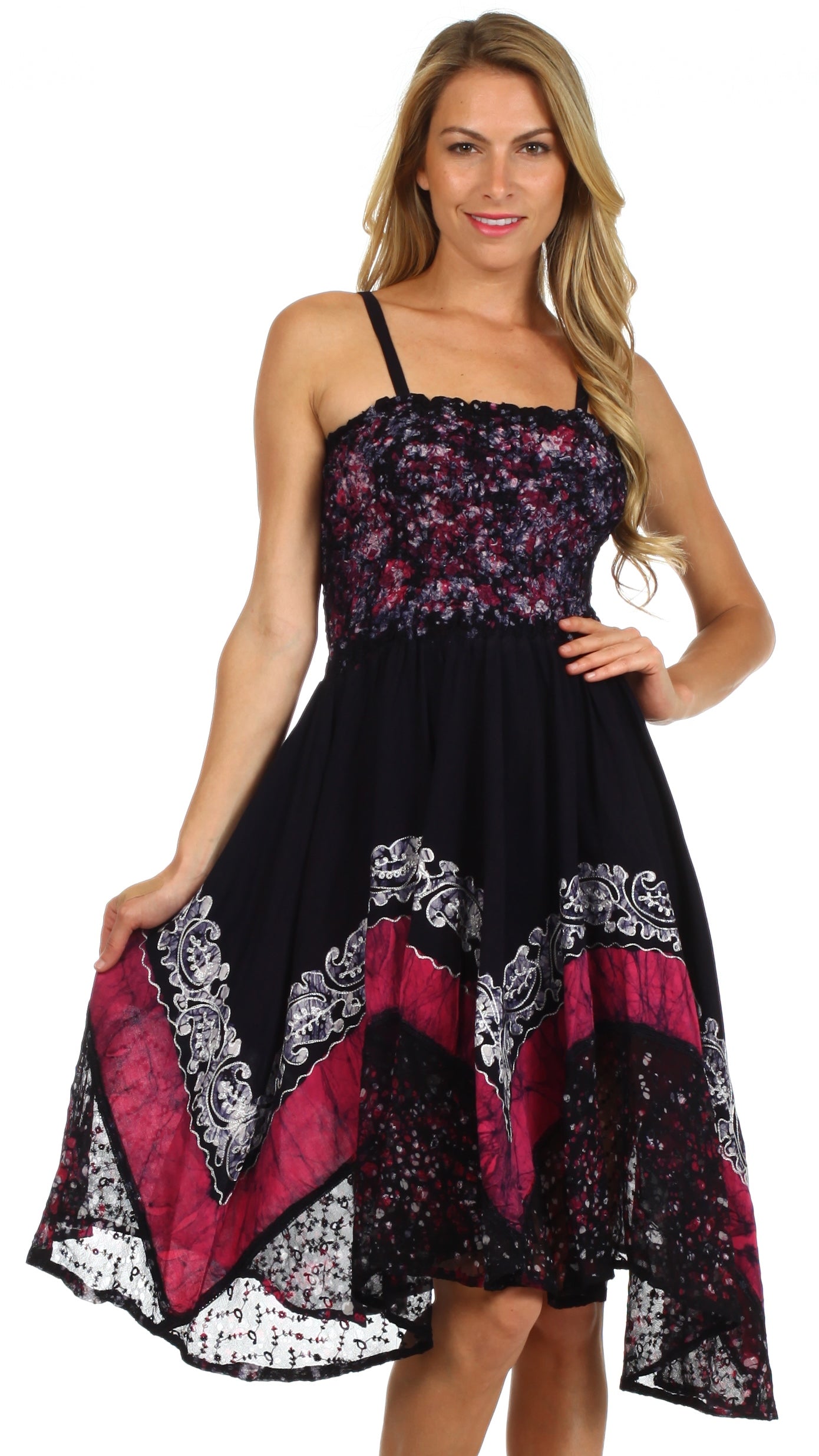 Woman wearing a black floral dress with red accents on a white background