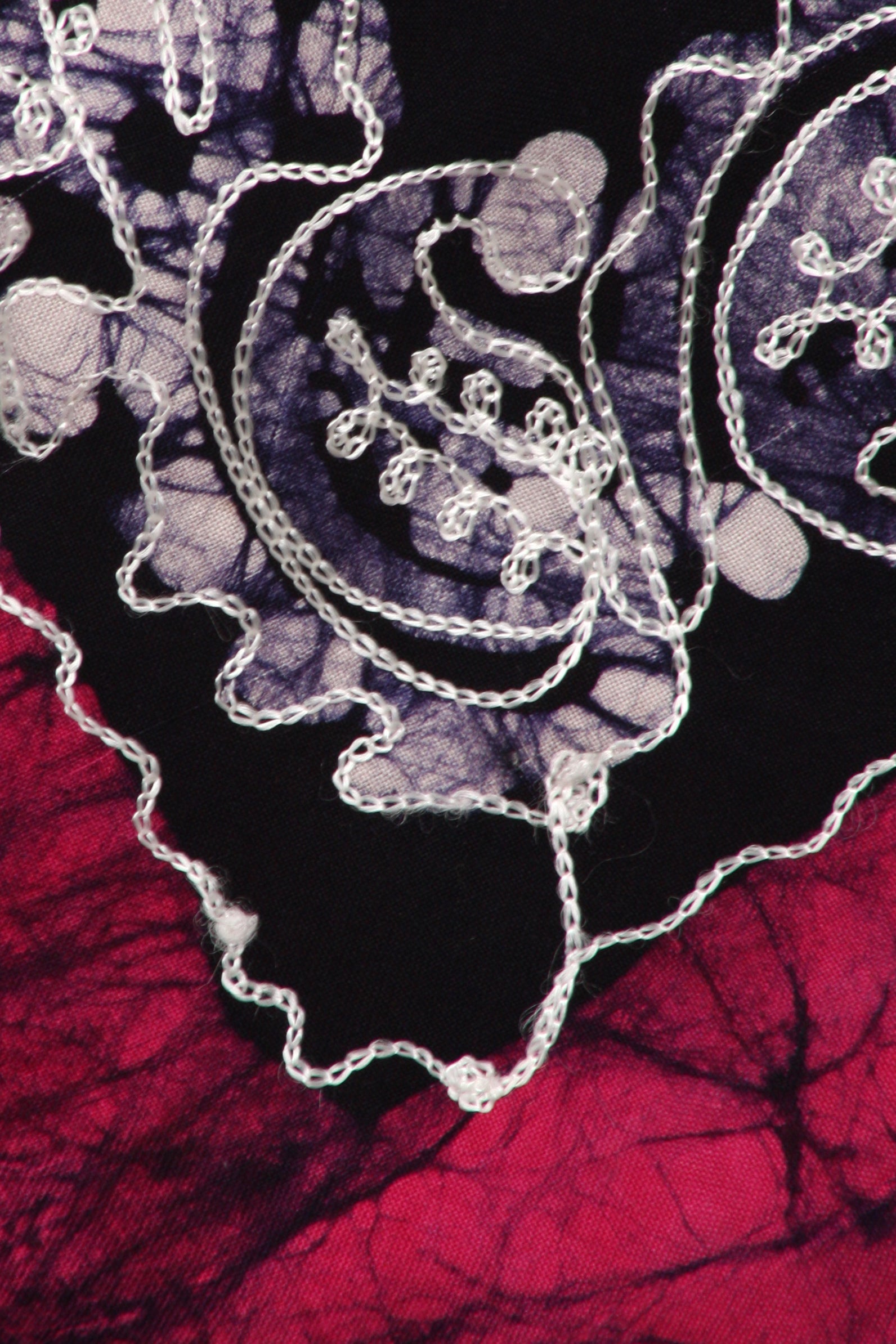 Close-up of intricate lace fabric with a dark background