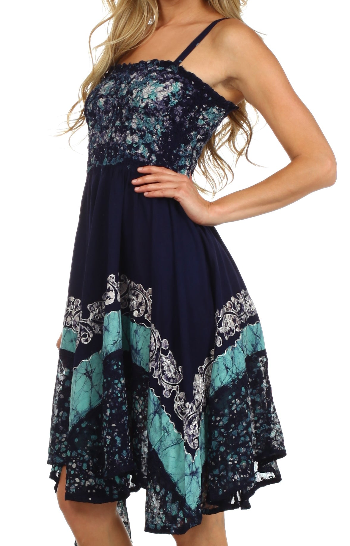 Navy blue floral and paisley patterned dress on a white background