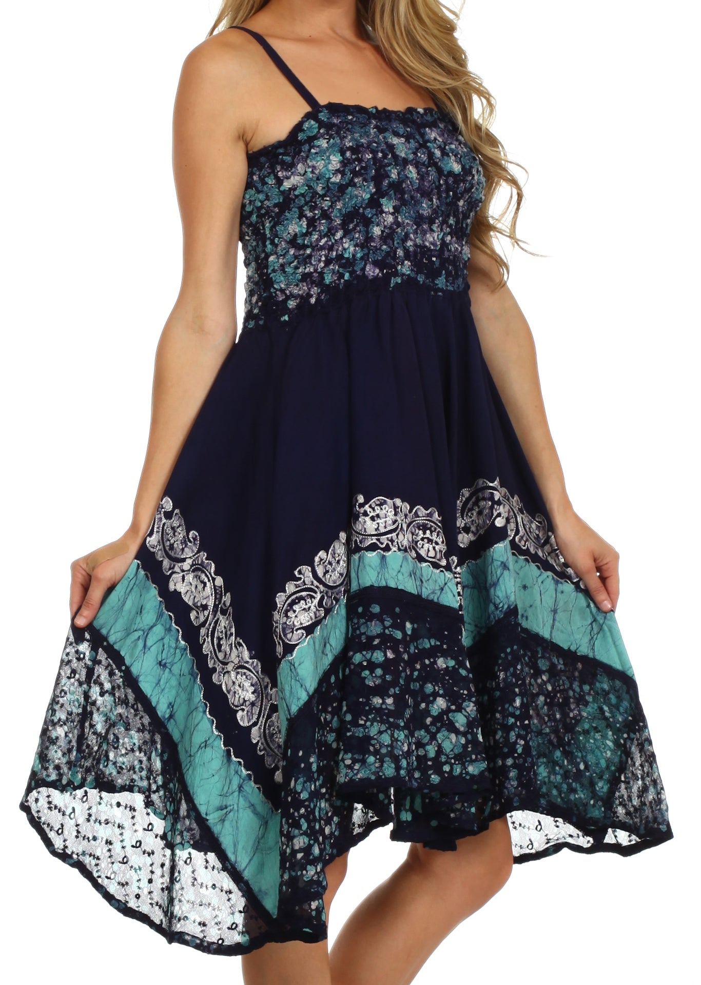 Navy blue floral dress with turquoise and white patterns on a white background