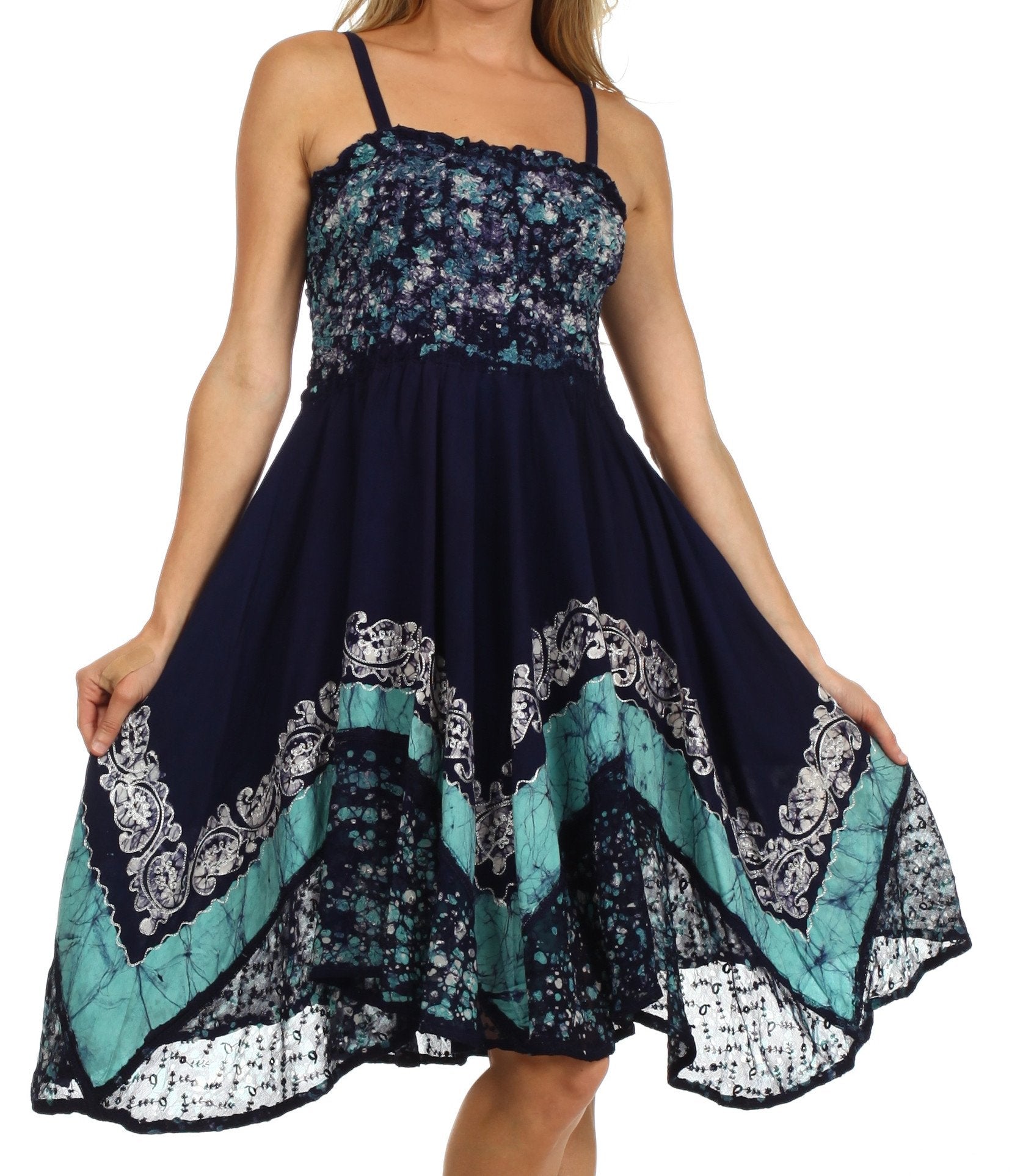 Navy blue dress with floral top and lace skirt on a white background