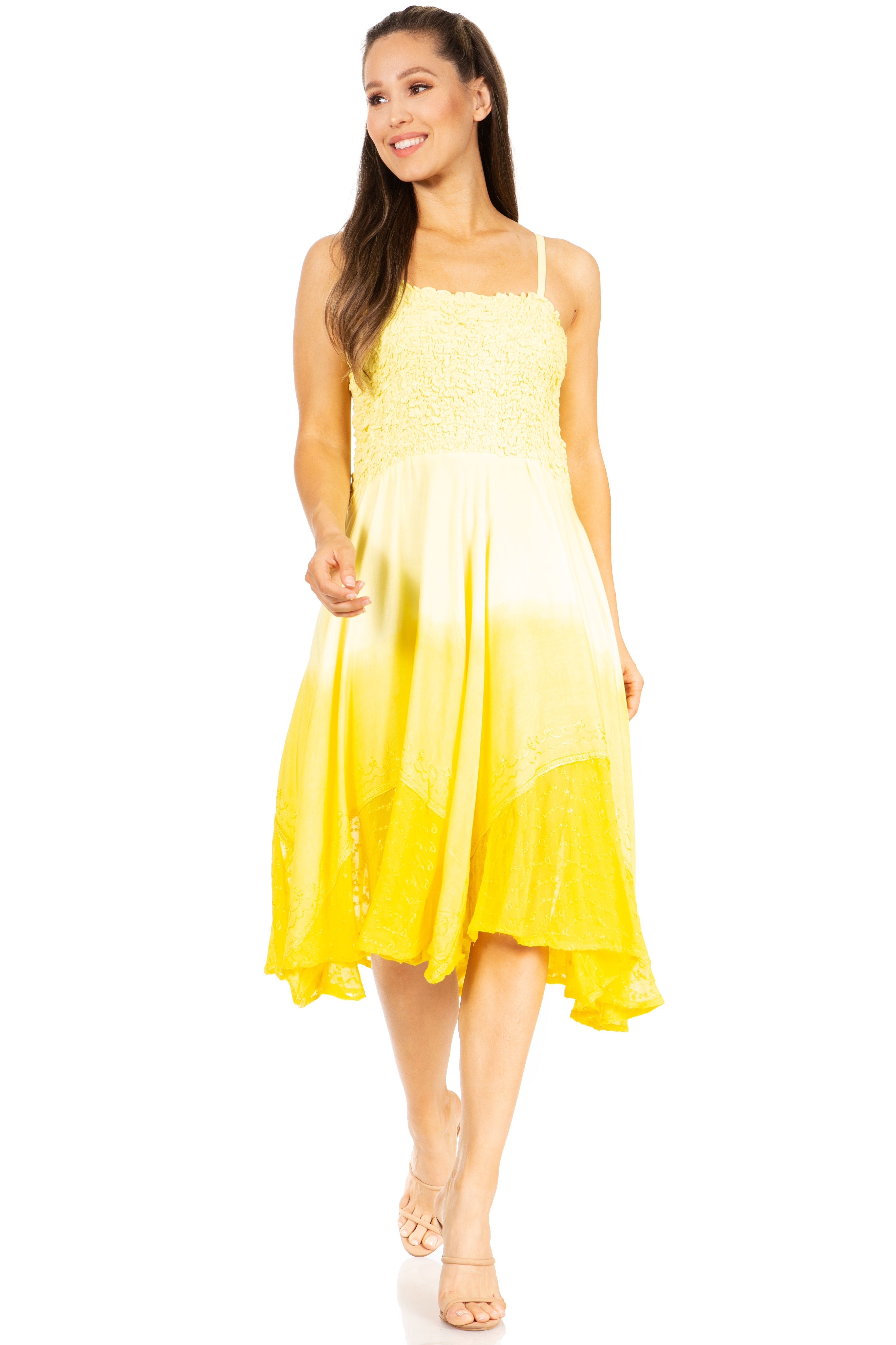 Woman wearing a yellow dress on a white background