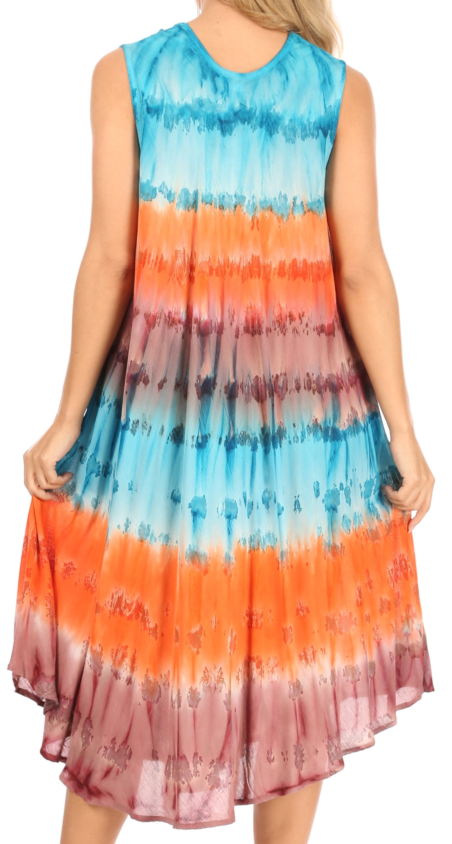 Tie-dye dress with blue, orange, and pink gradient on a white background