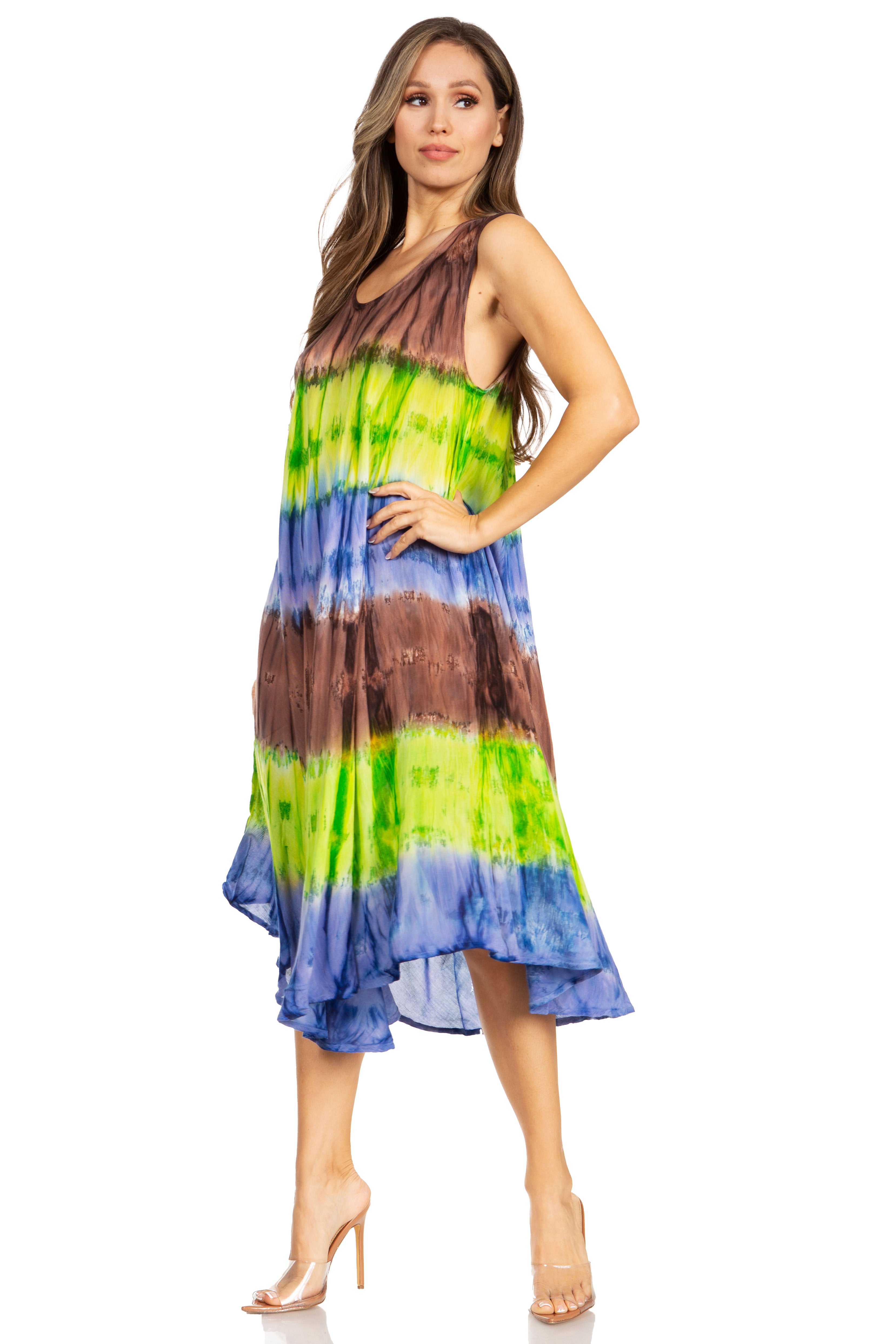 Woman wearing a colorful tie-dye dress on a white background