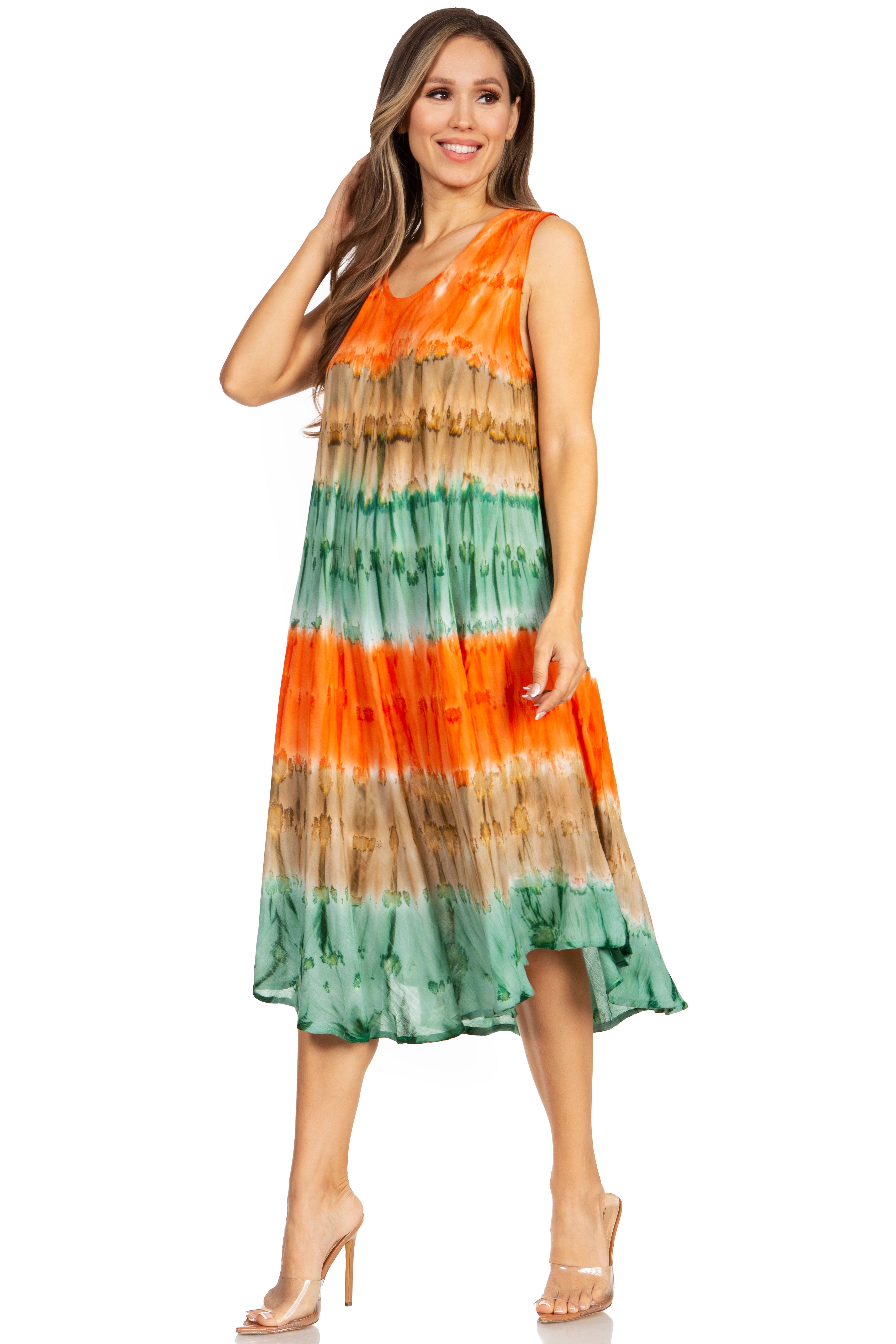 Woman wearing a colorful tie-dye dress on a white background