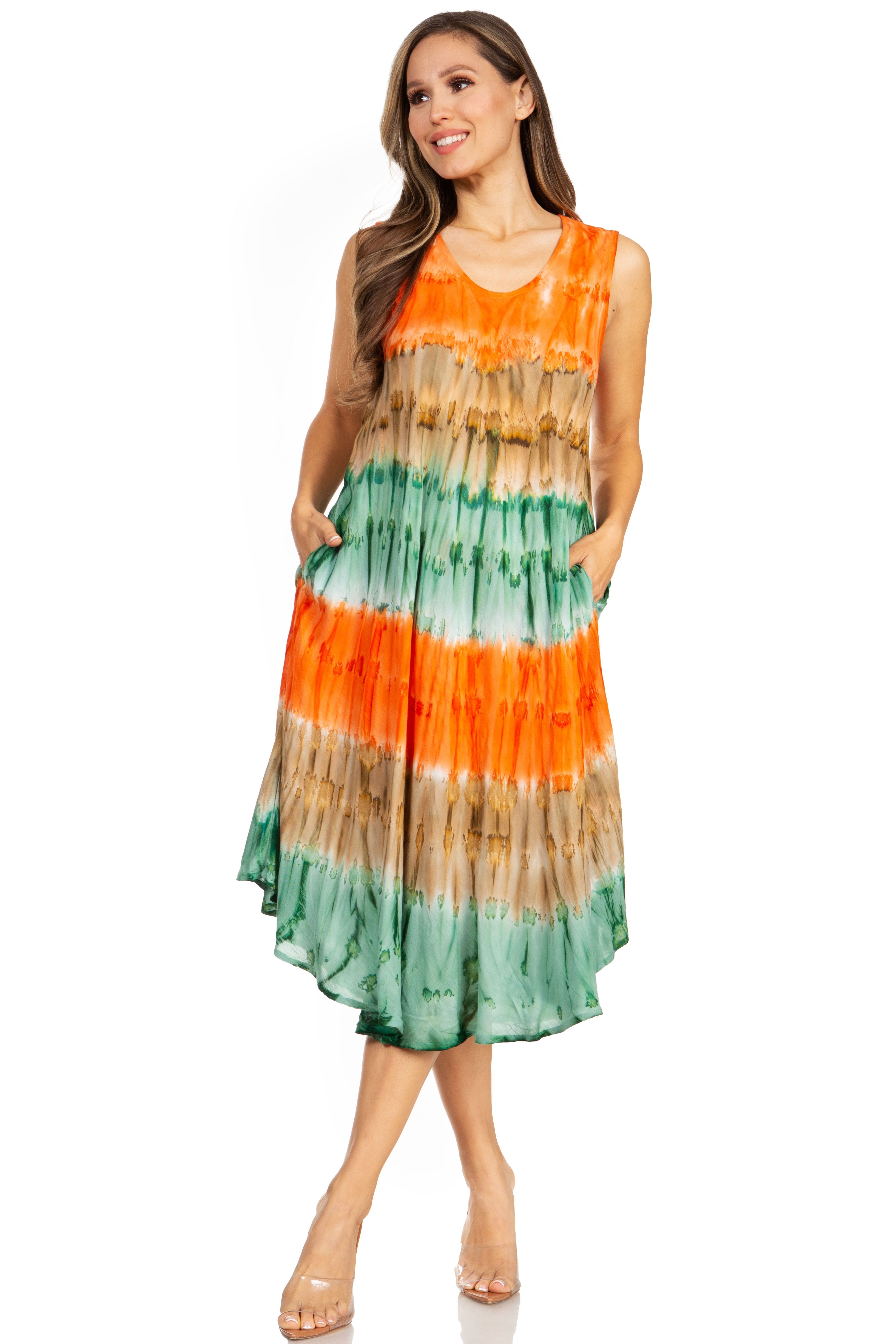 Woman wearing a colorful tie-dye dress on a white background