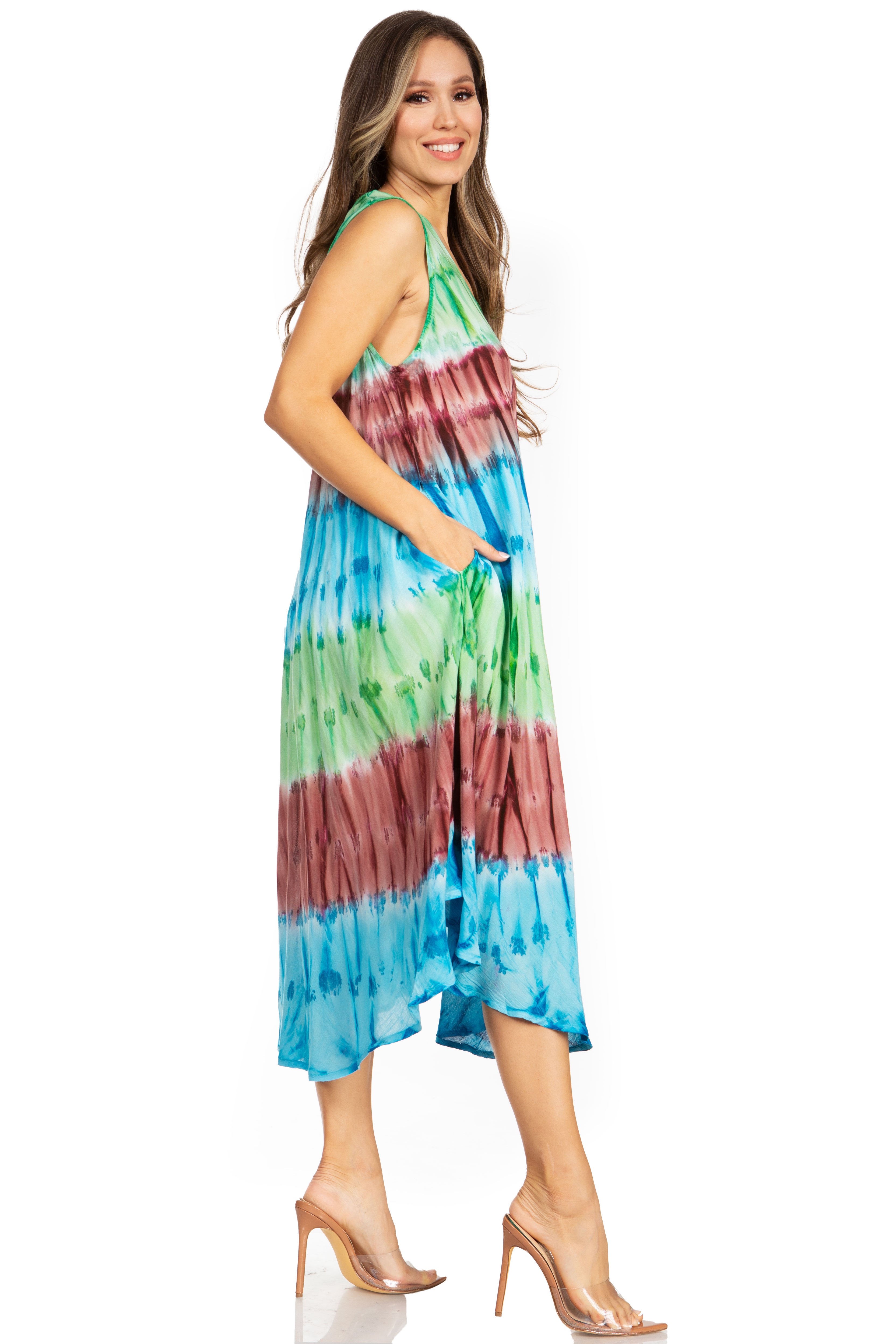 Woman wearing a tie-dye dress on a white background