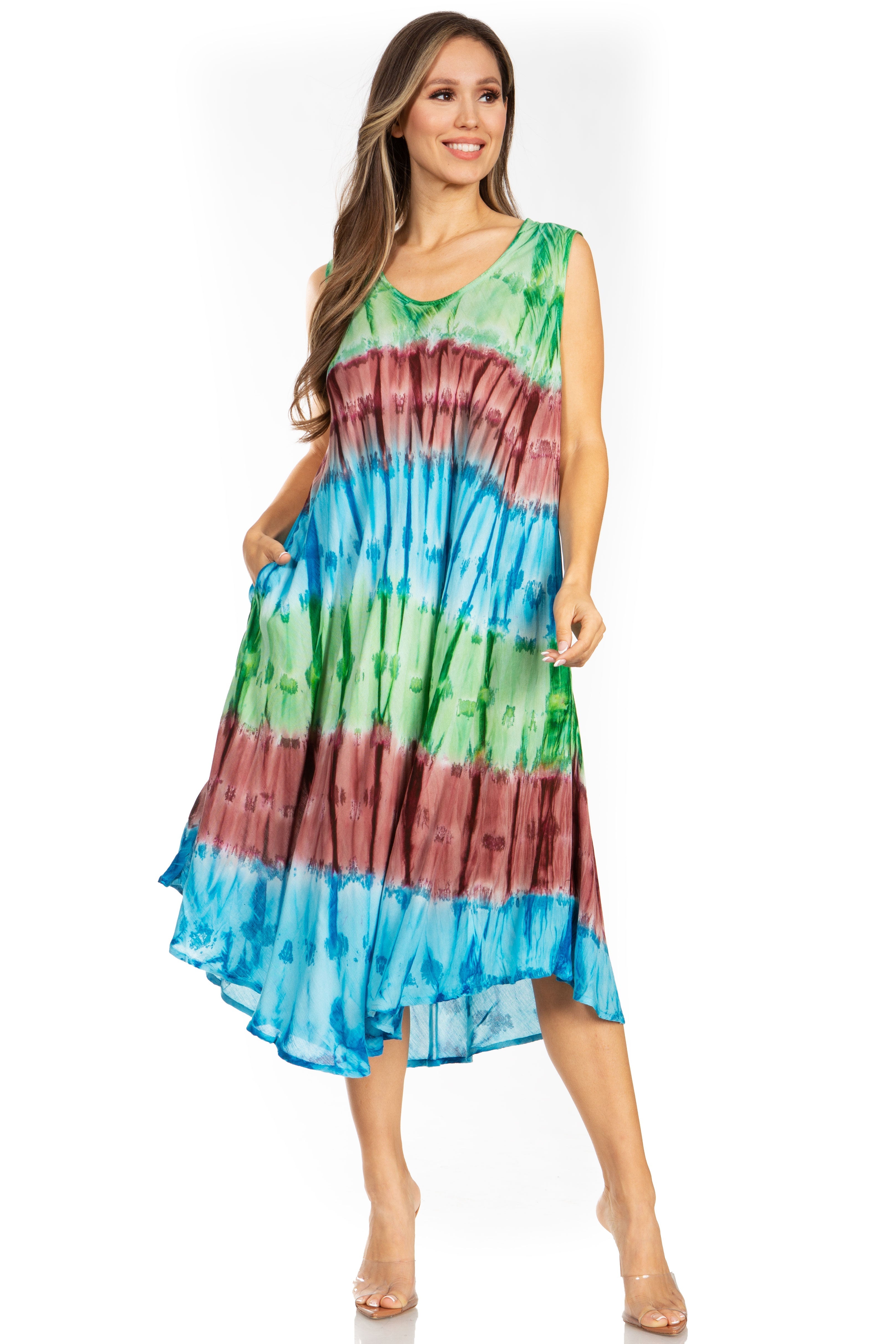 Woman wearing a tie-dye dress with a white background