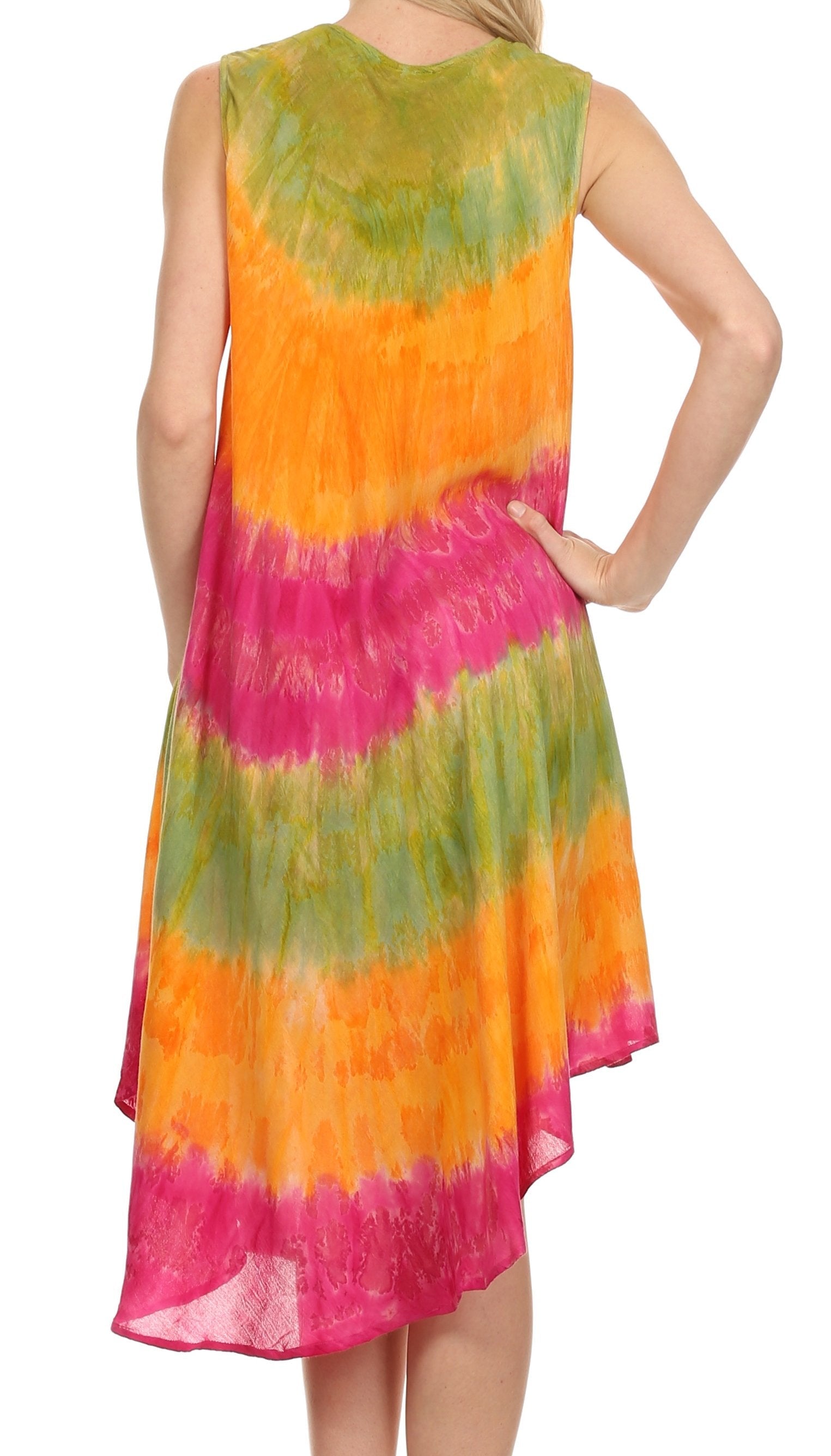 Tie-dye dress with orange, pink, and green gradient on a white background