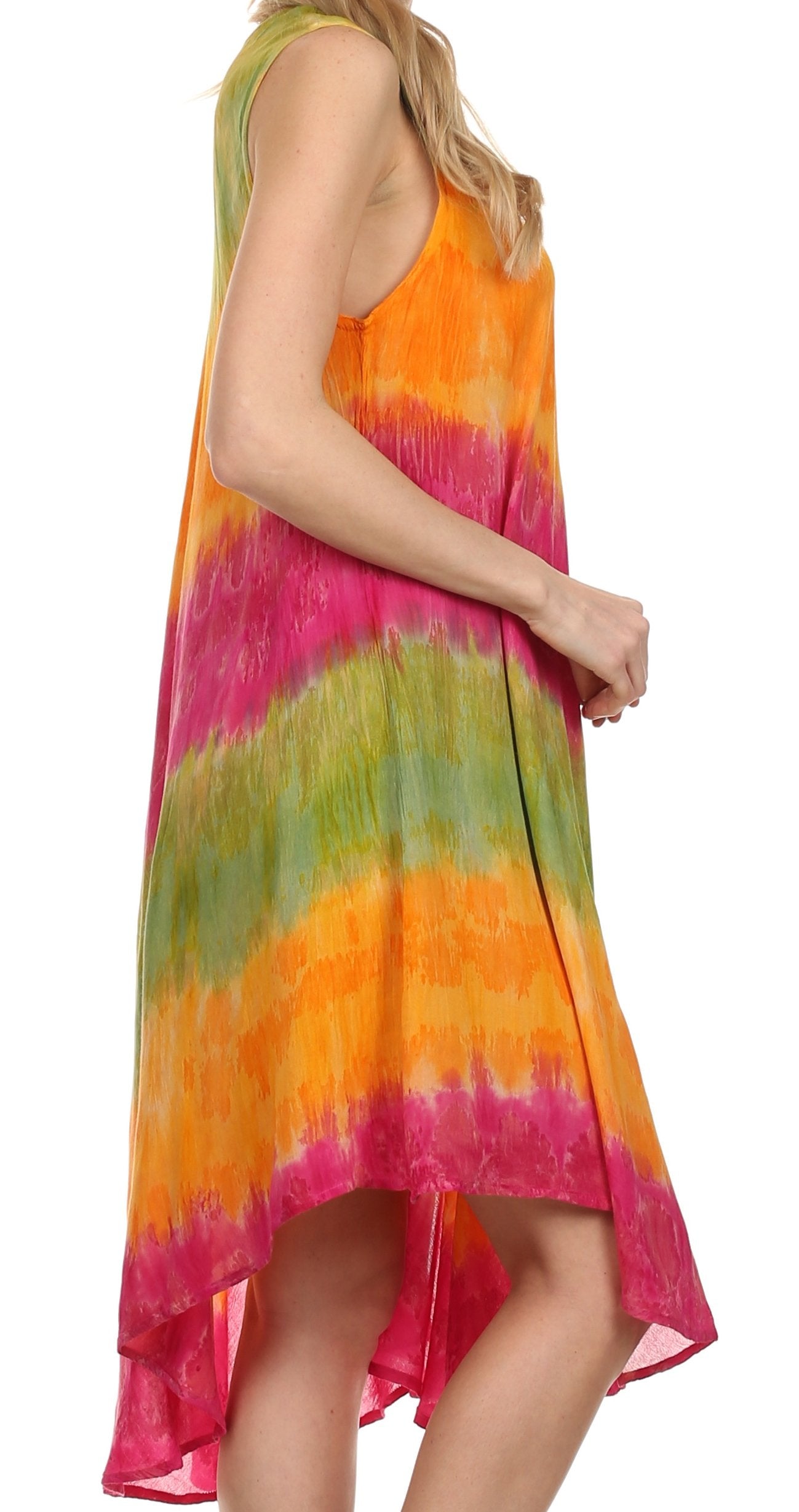 Woman wearing a colorful tie-dye dress on a white background