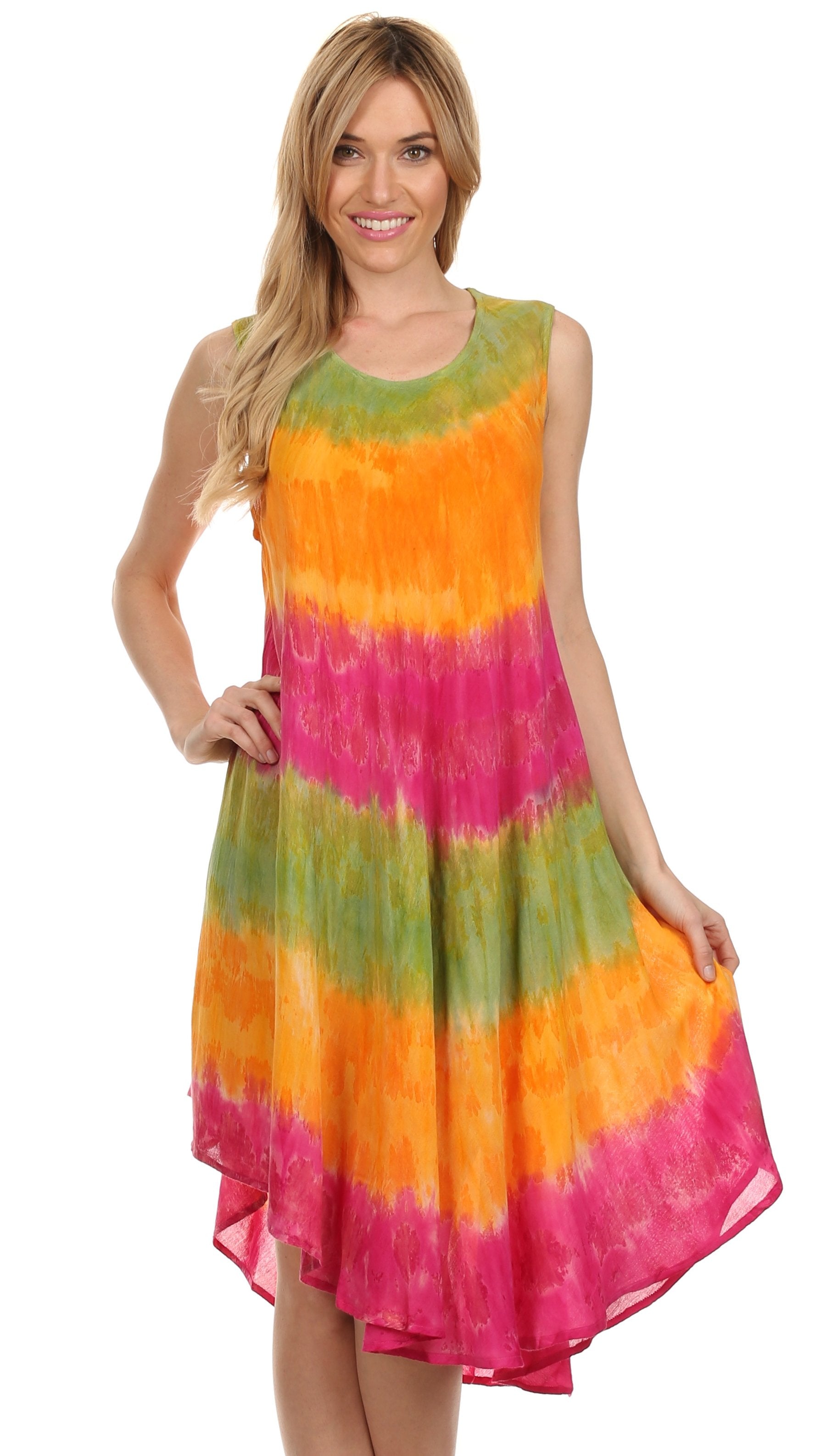 Woman wearing a colorful tie-dye dress on a white background