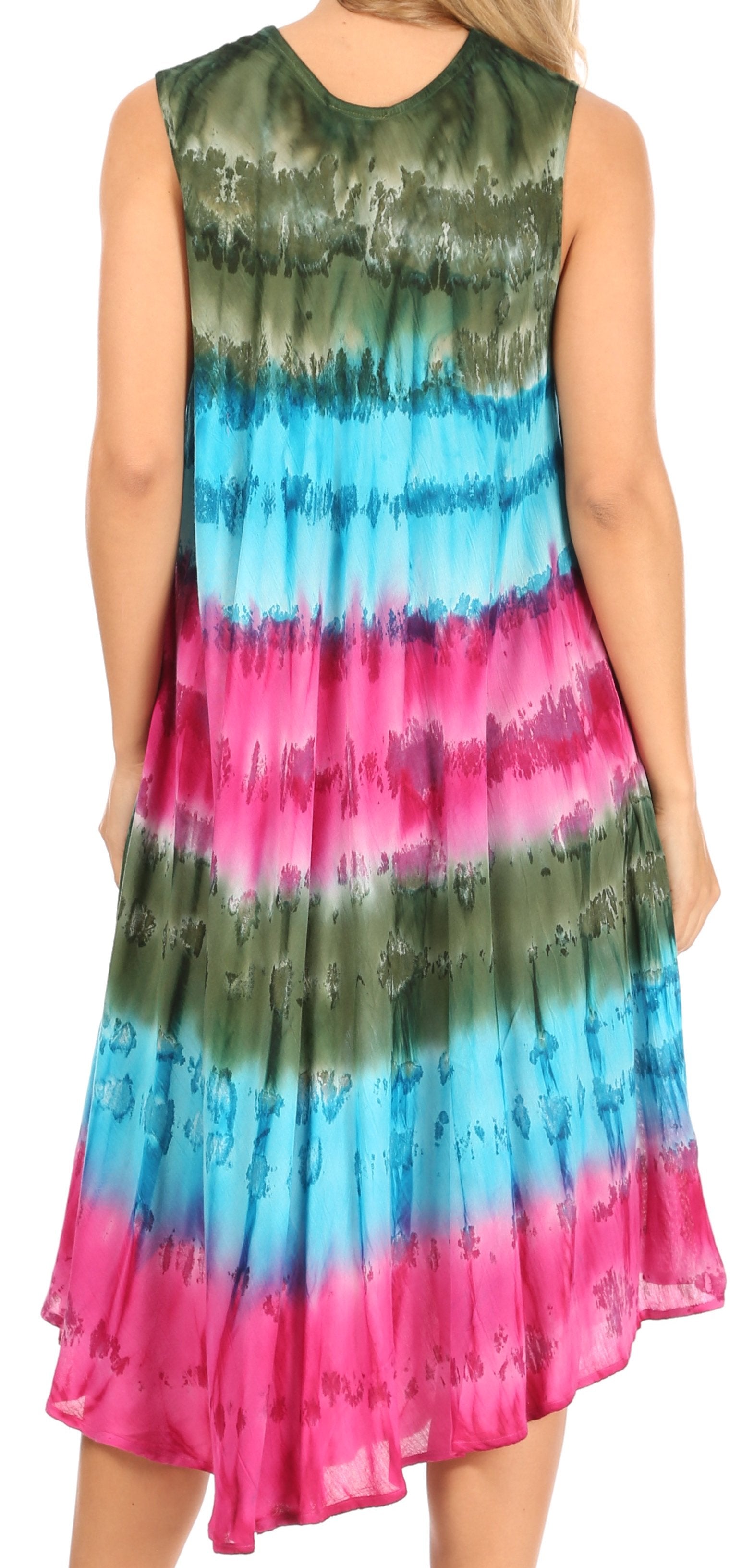 Multicolored tie-dye dress worn by a model on a white background