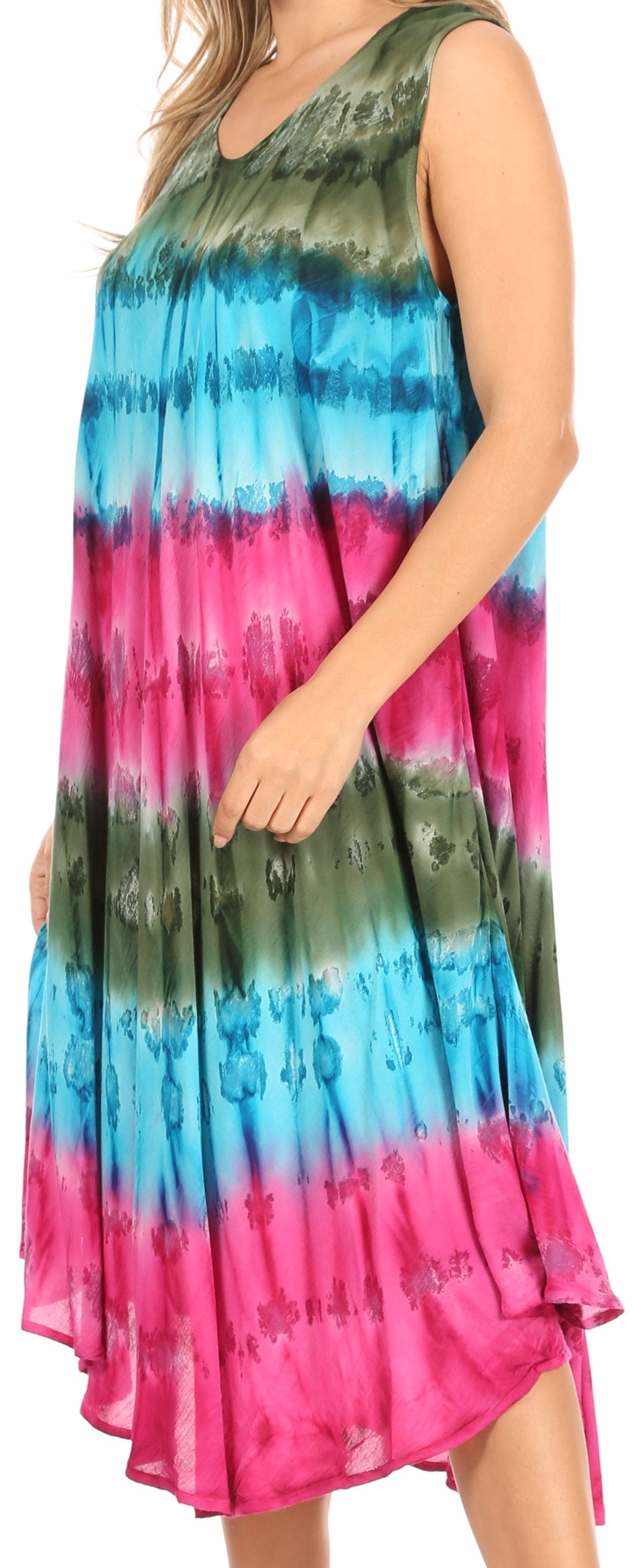 Multicolored tie-dye dress with a gradient from green to blue to pink.
