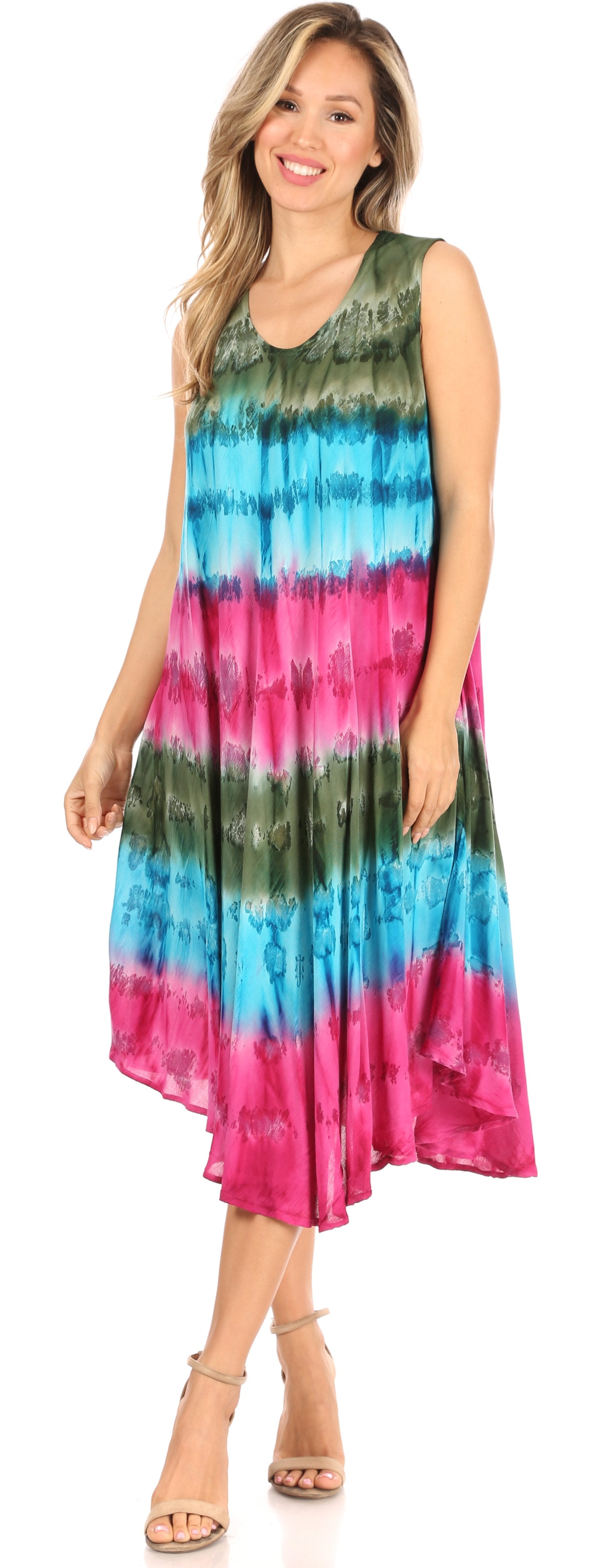 Woman wearing a colorful tie-dye dress on a white background