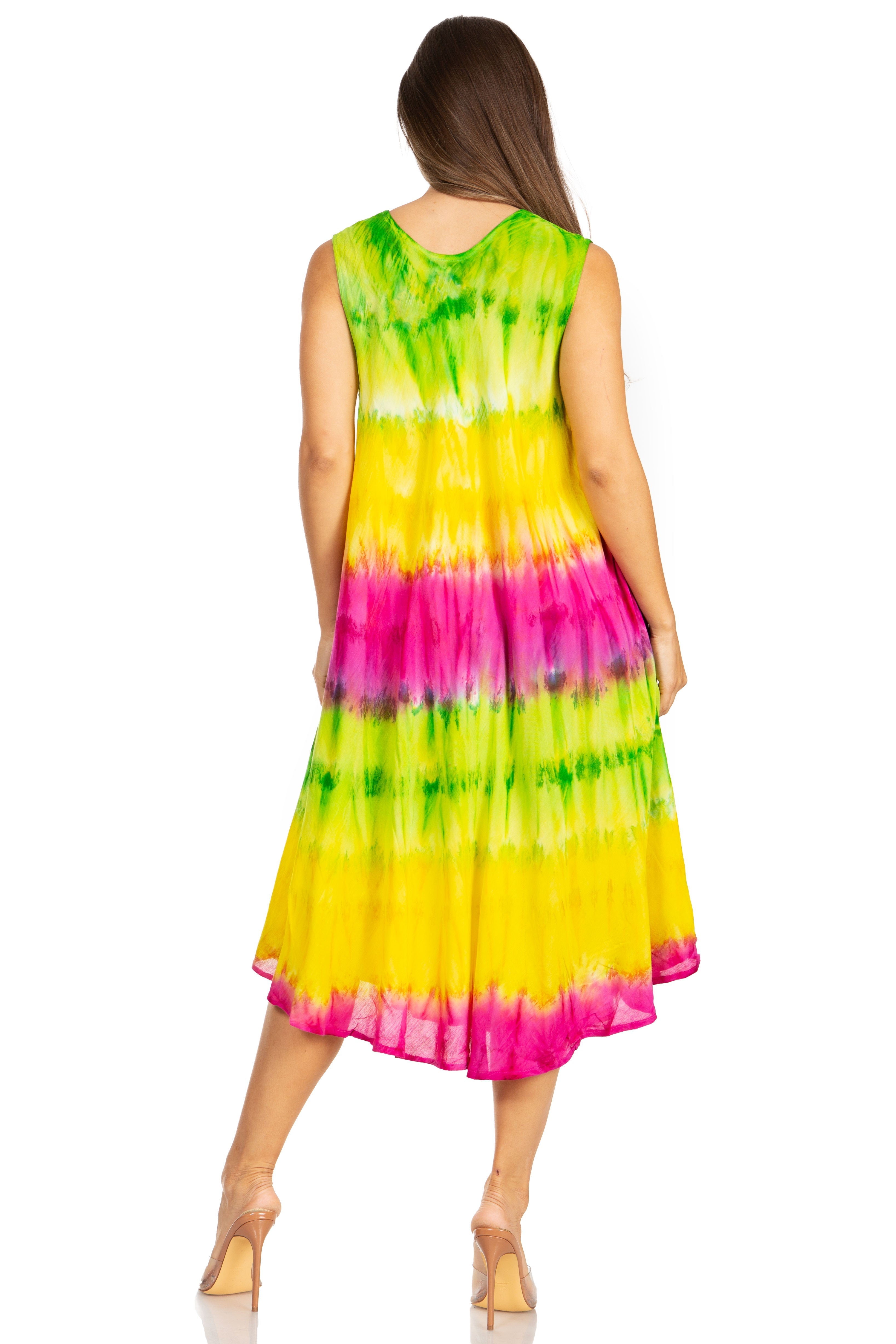 Woman wearing a colorful tie-dye dress on a white background
