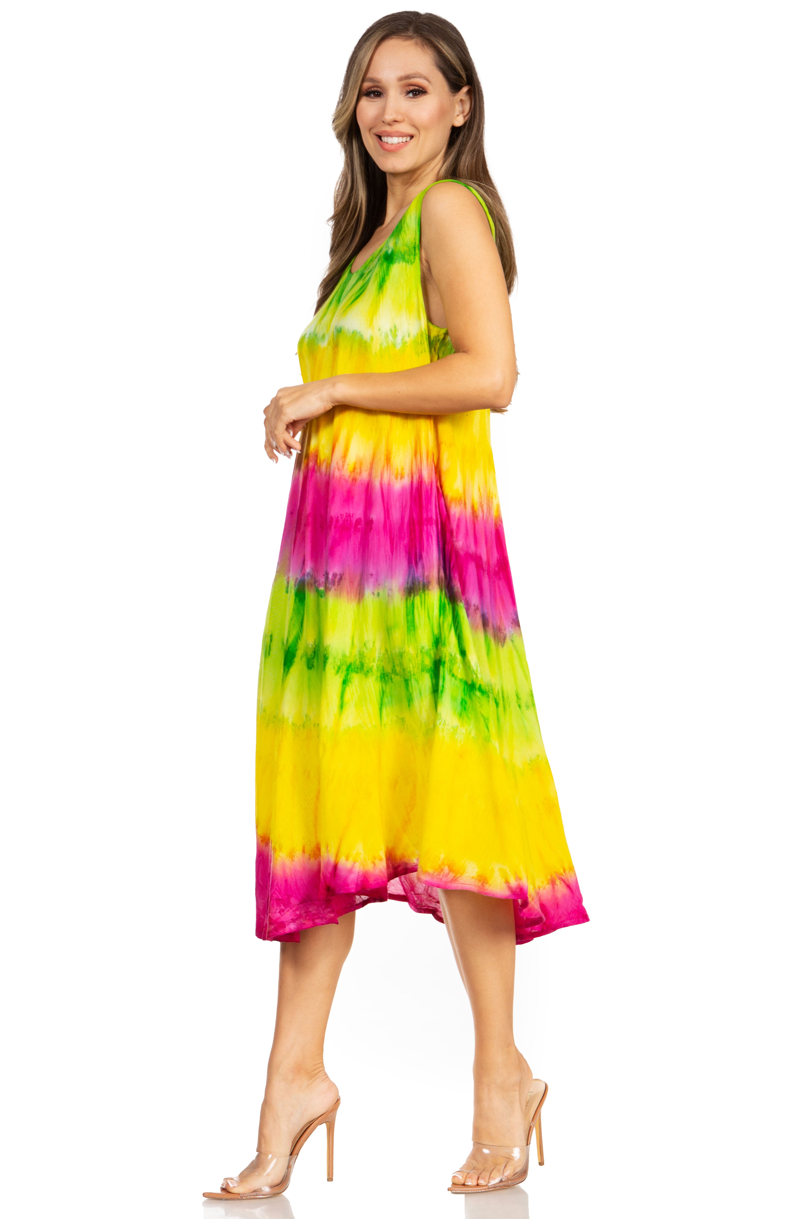 Woman wearing a colorful tie-dye dress on a white background