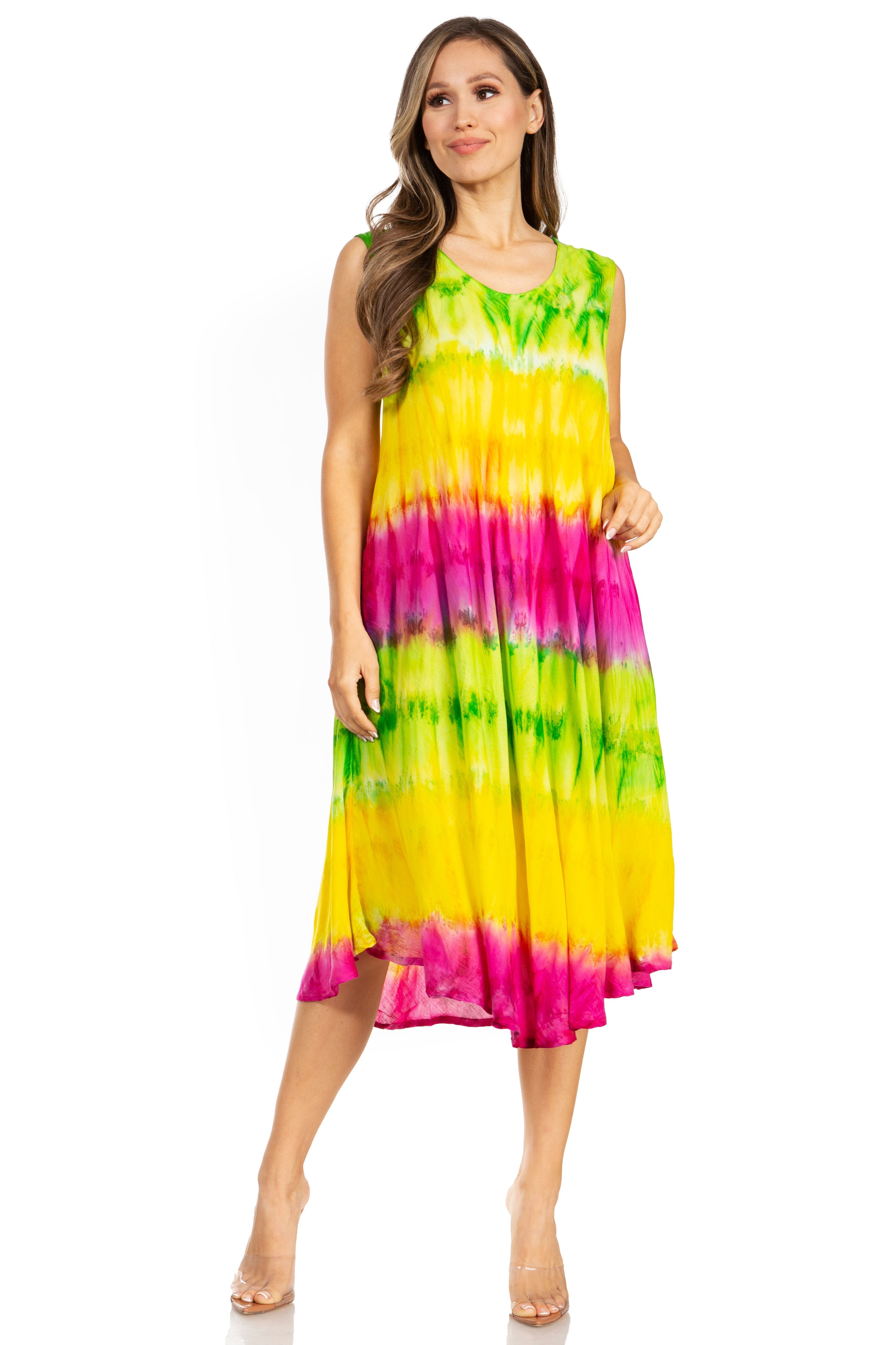 Woman wearing a colorful tie-dye dress on a white background