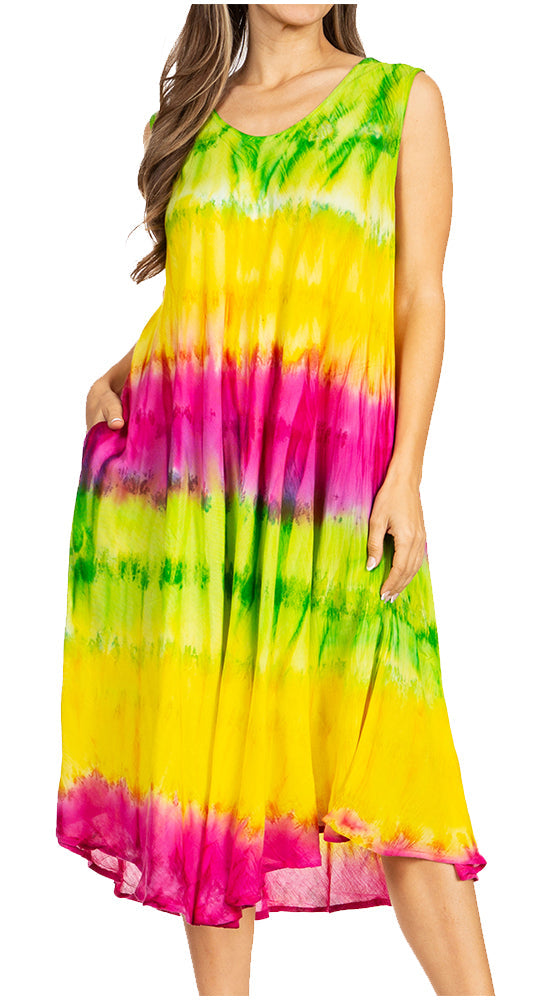 Woman wearing a colorful tie-dye dress on a white background