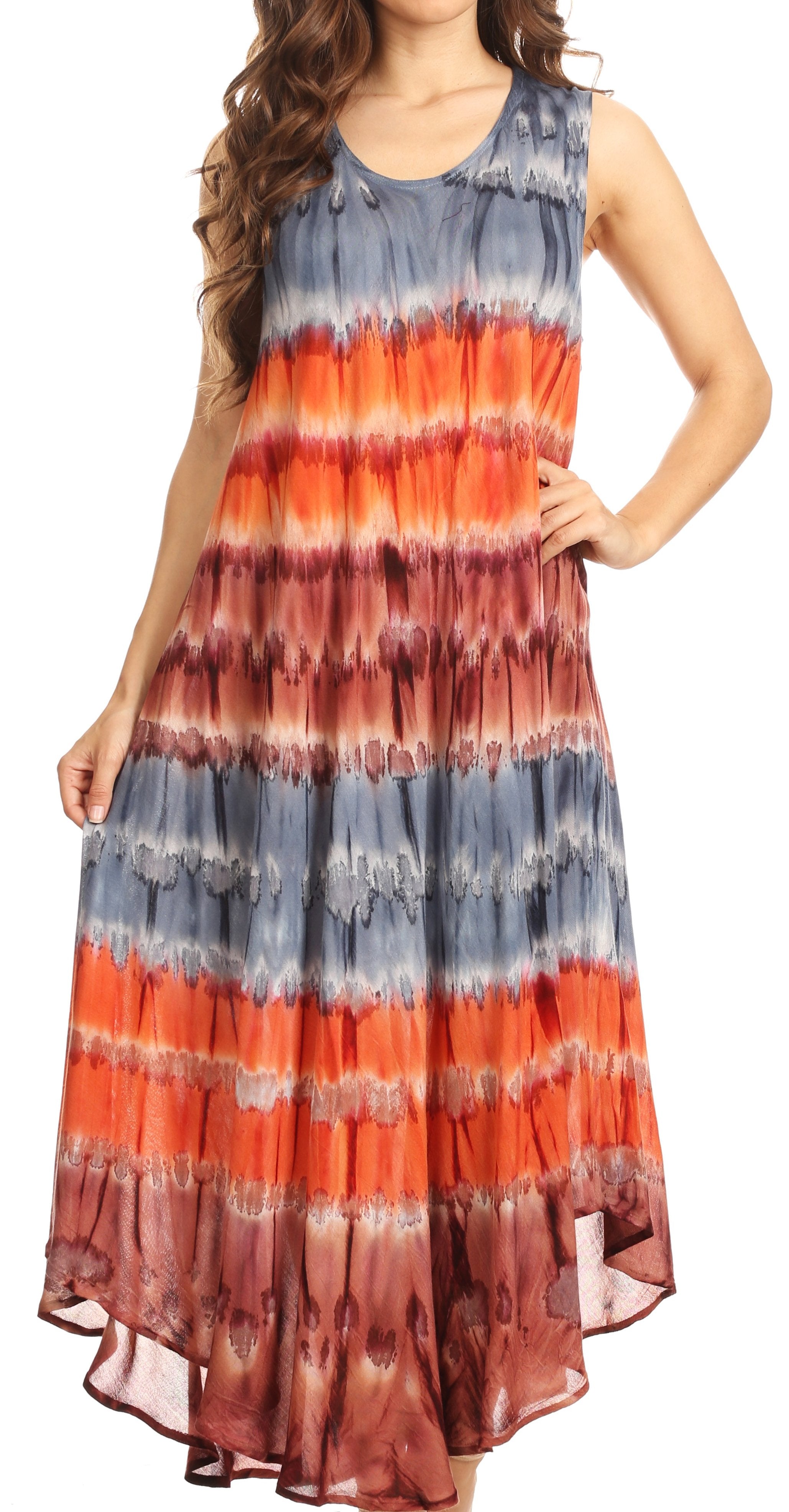 Woman wearing a sleeveless dress with multicolor tie-dye pattern on a white background