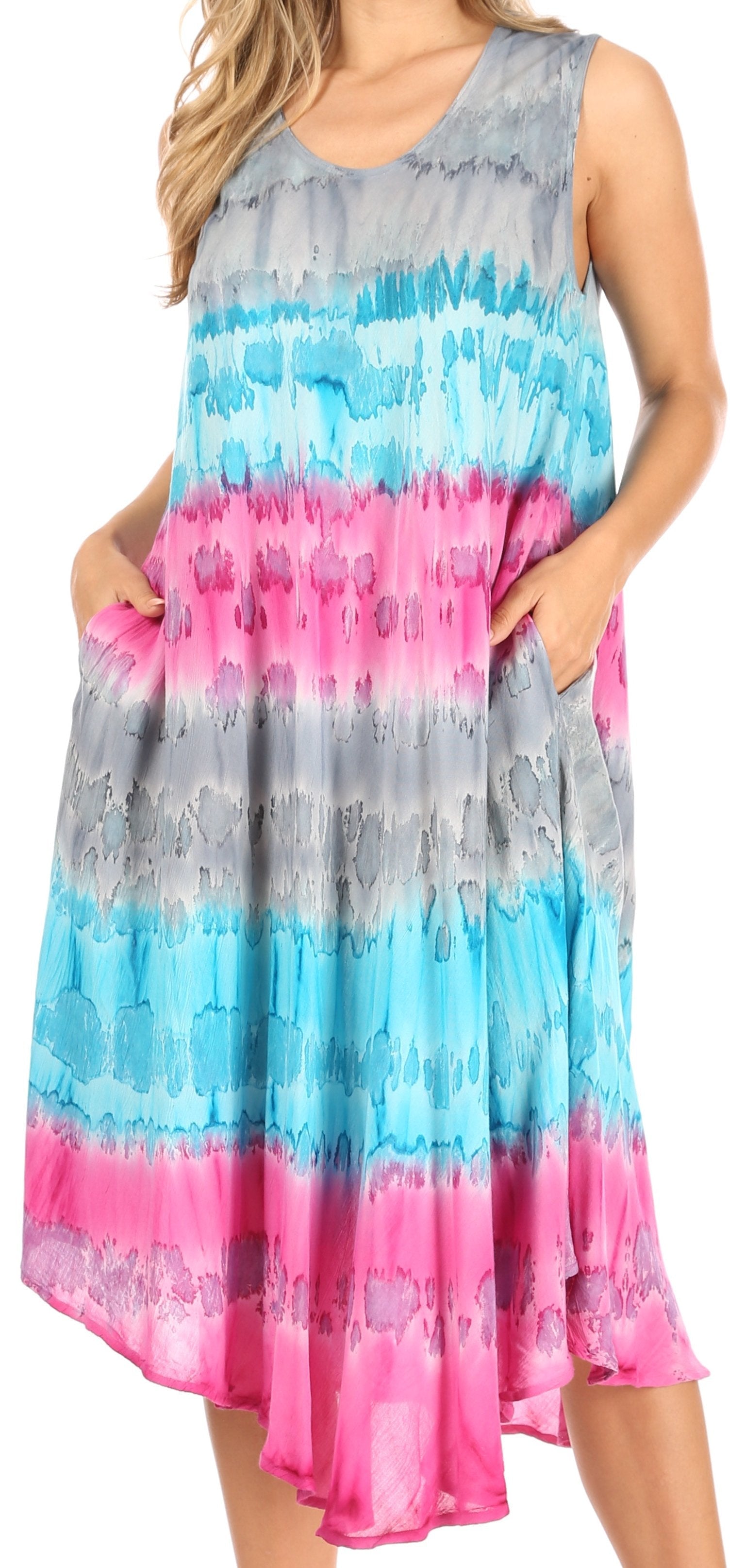 Colorful tie-dye dress with a gradient of blue, pink, and gray on a white background.