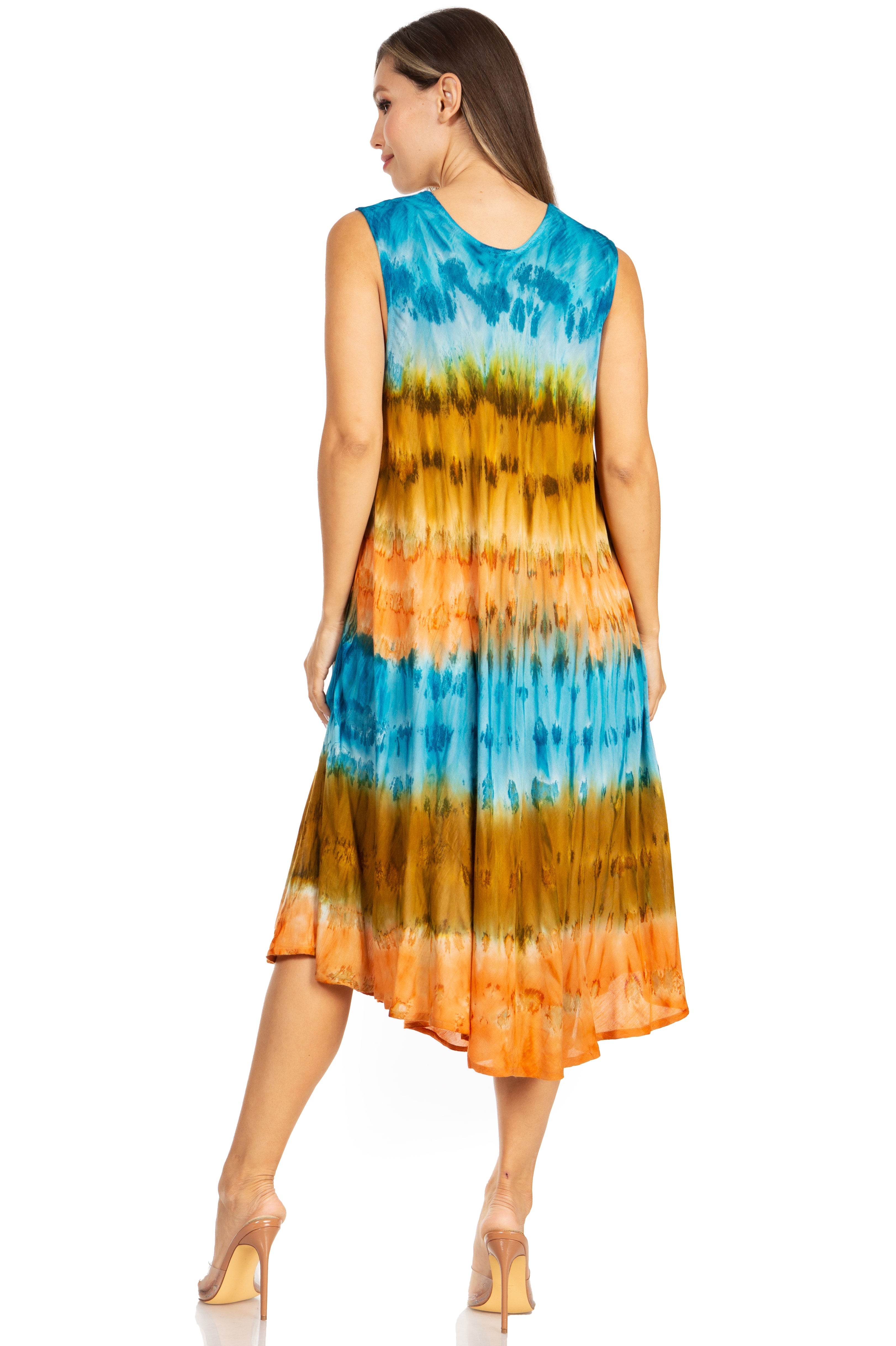 Woman wearing a tie-dye dress with blue, yellow, and orange gradient on a white background