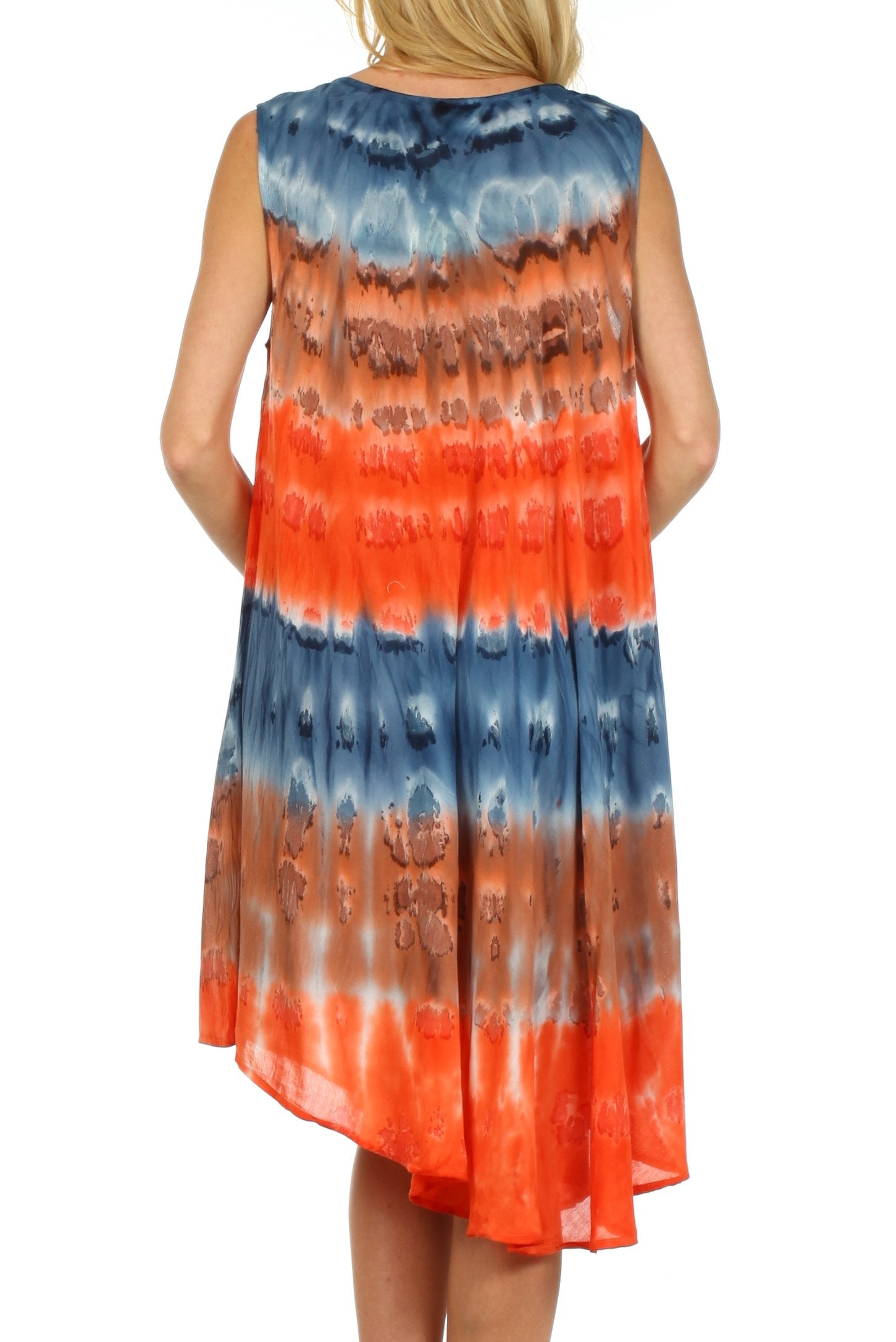 Woman wearing a tie-dye dress with orange and blue gradient on a white background