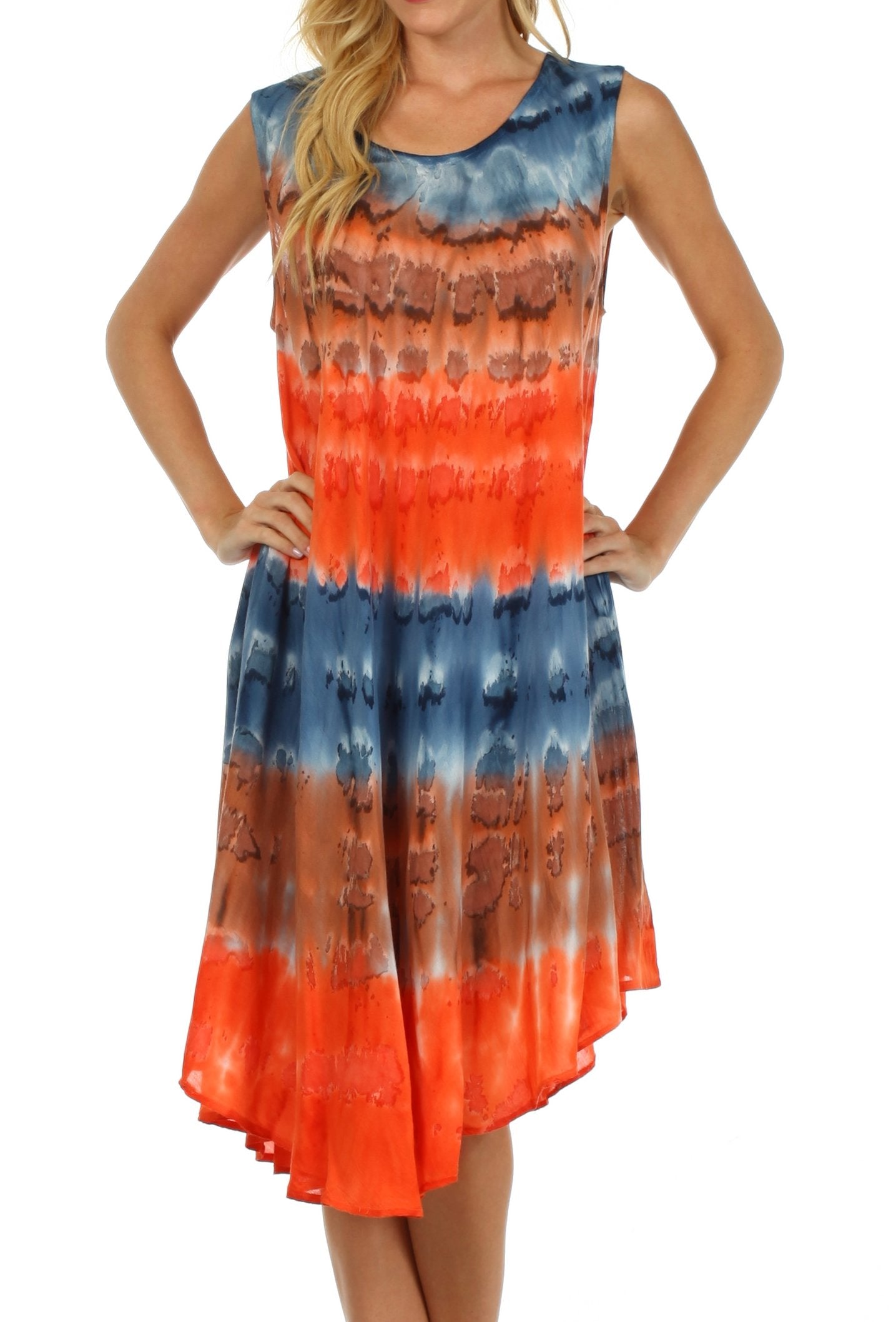 Woman wearing a tie-dye dress with orange and blue gradient on a white background