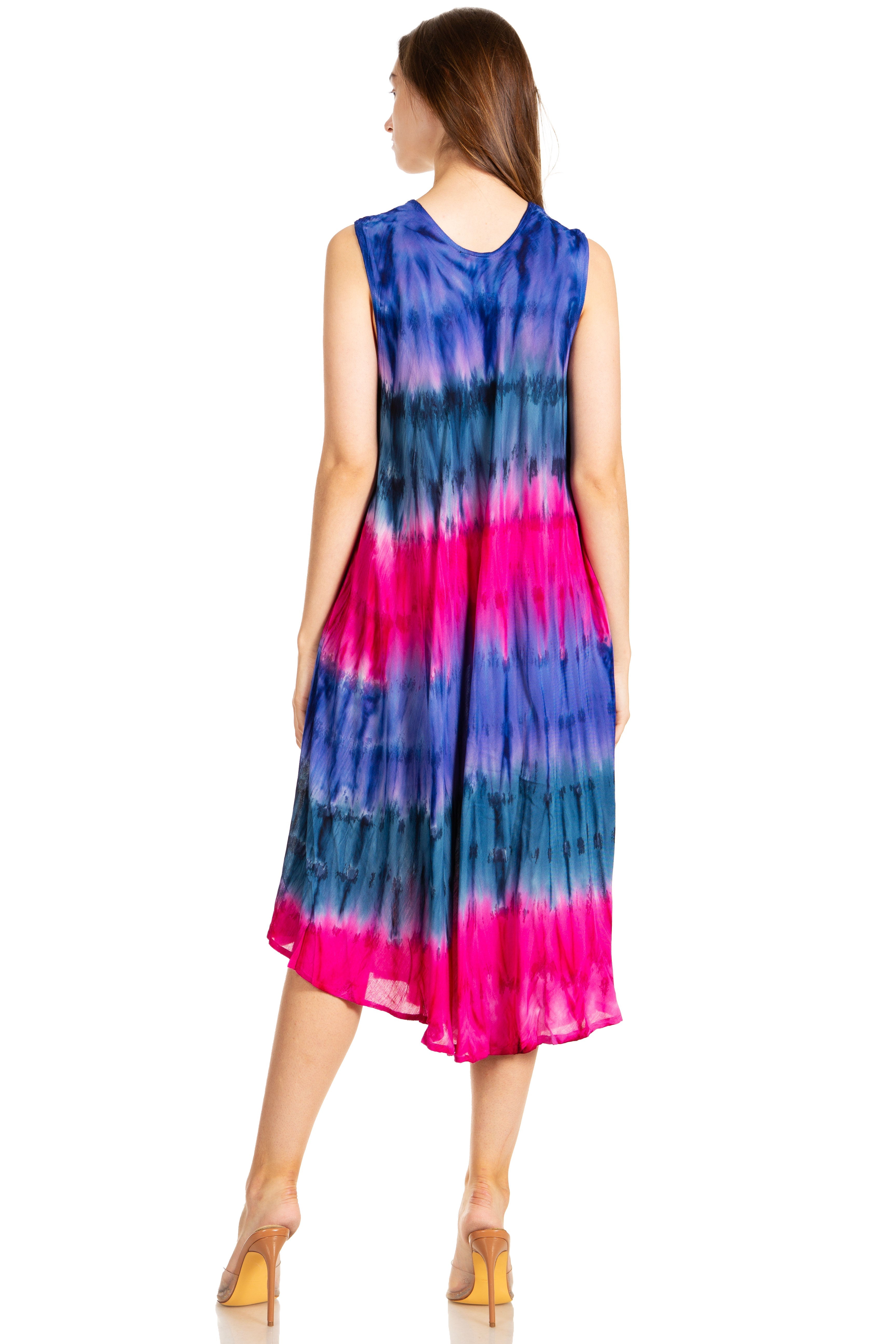Woman wearing a tie-dye dress with pink and blue gradient on a white background