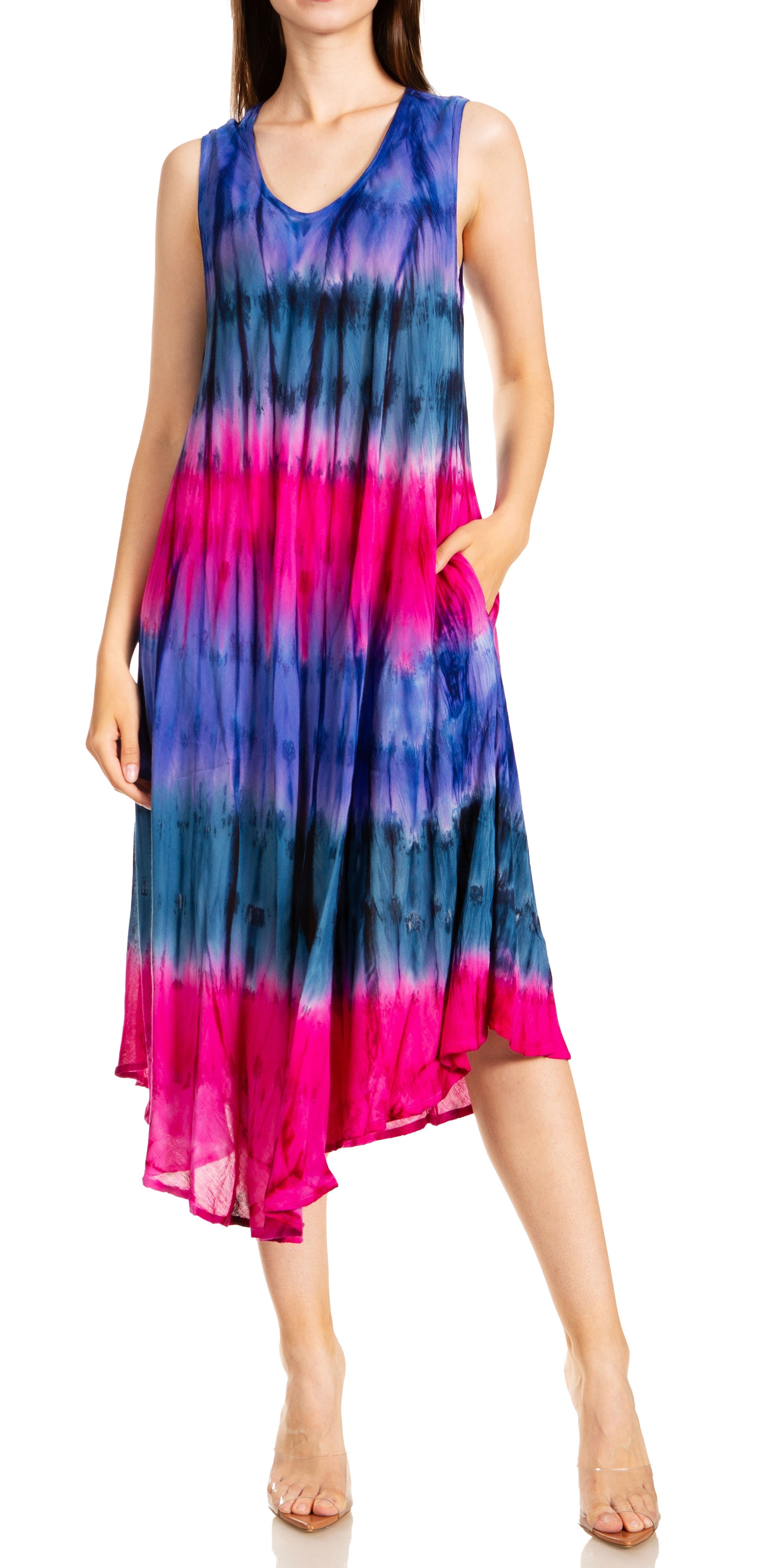 Woman wearing a tie-dye dress with pink and blue gradient on a white background