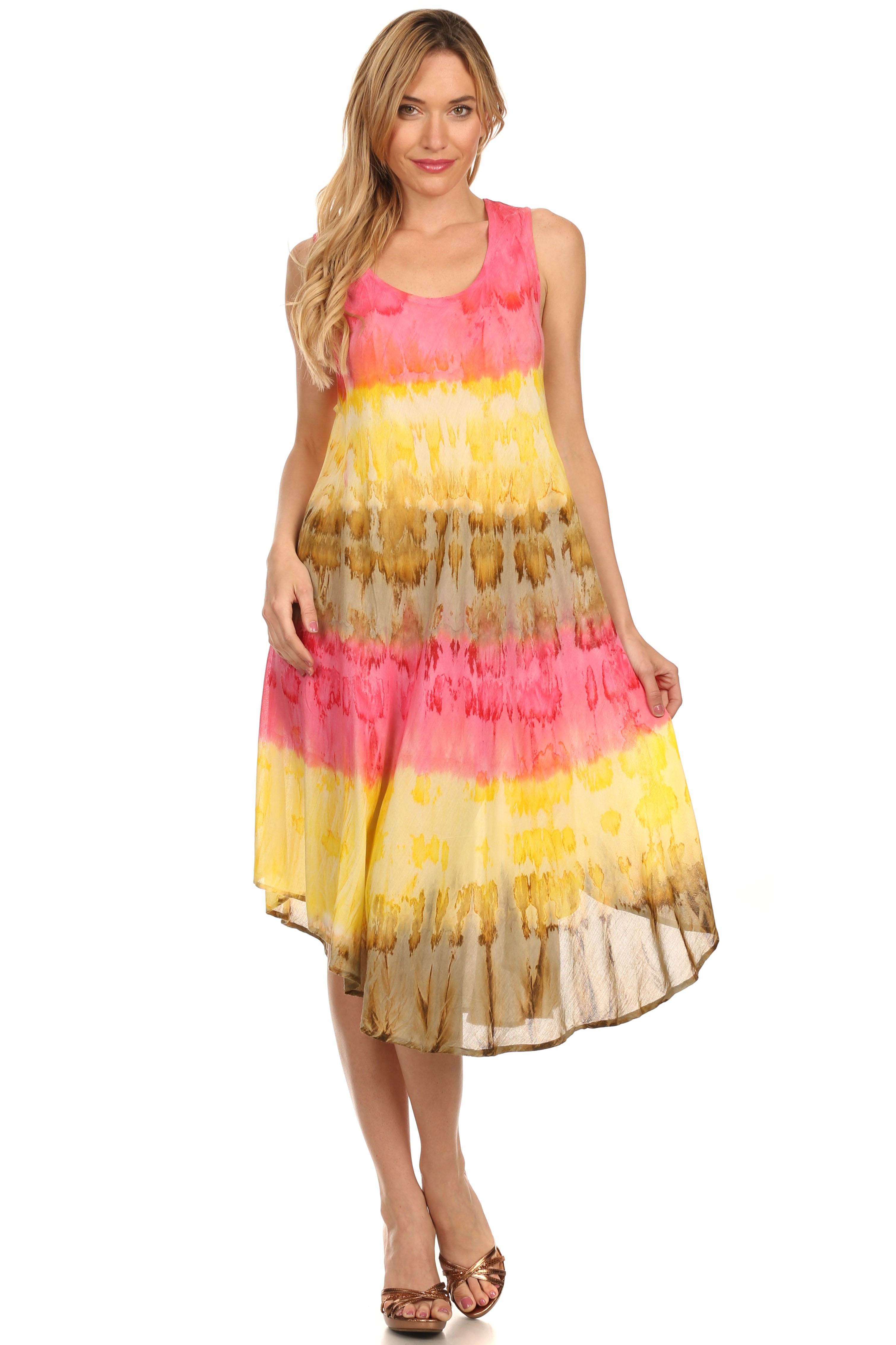 Woman wearing a colorful dress with a white background