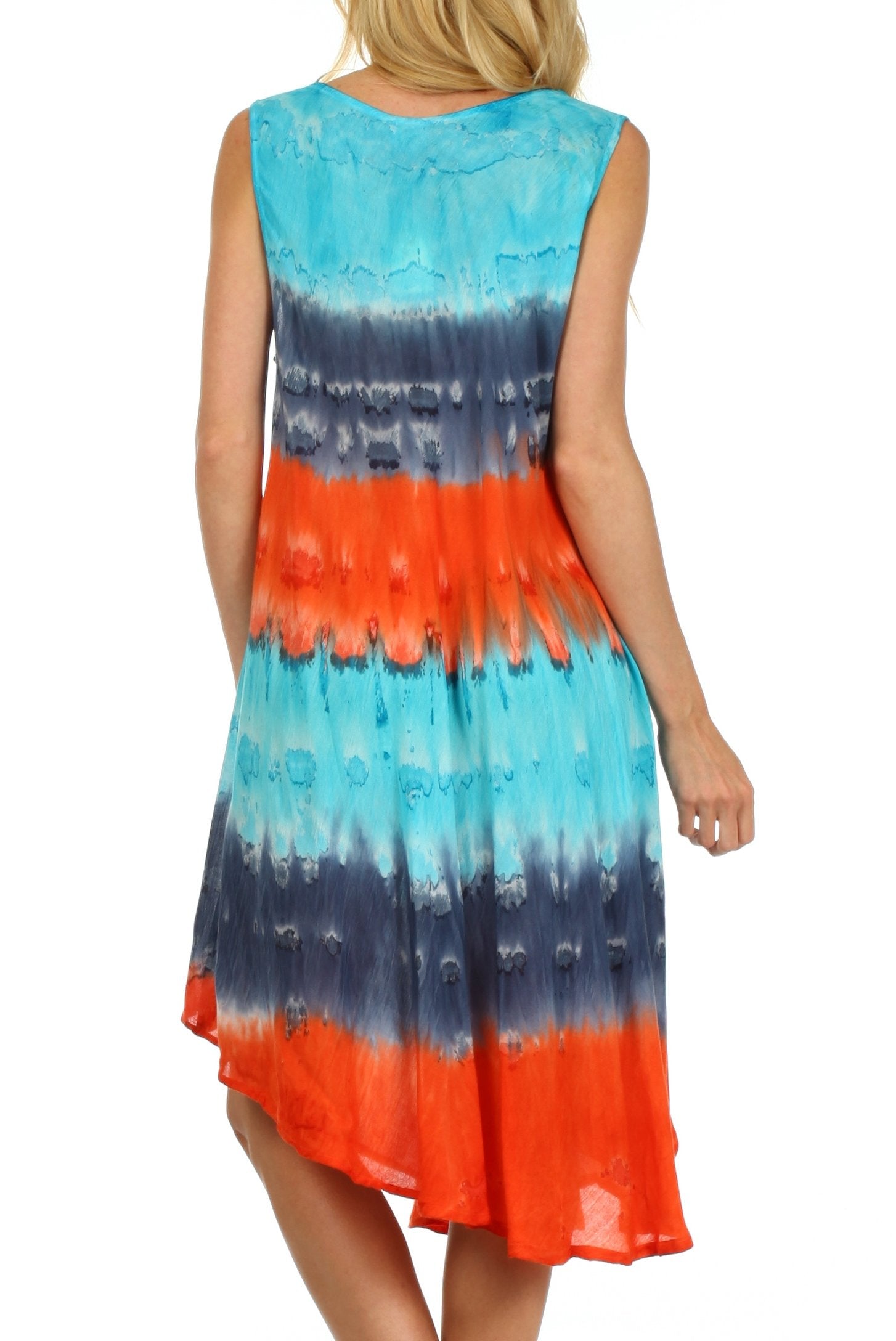 Tie-dye dress with blue and orange pattern on a white background