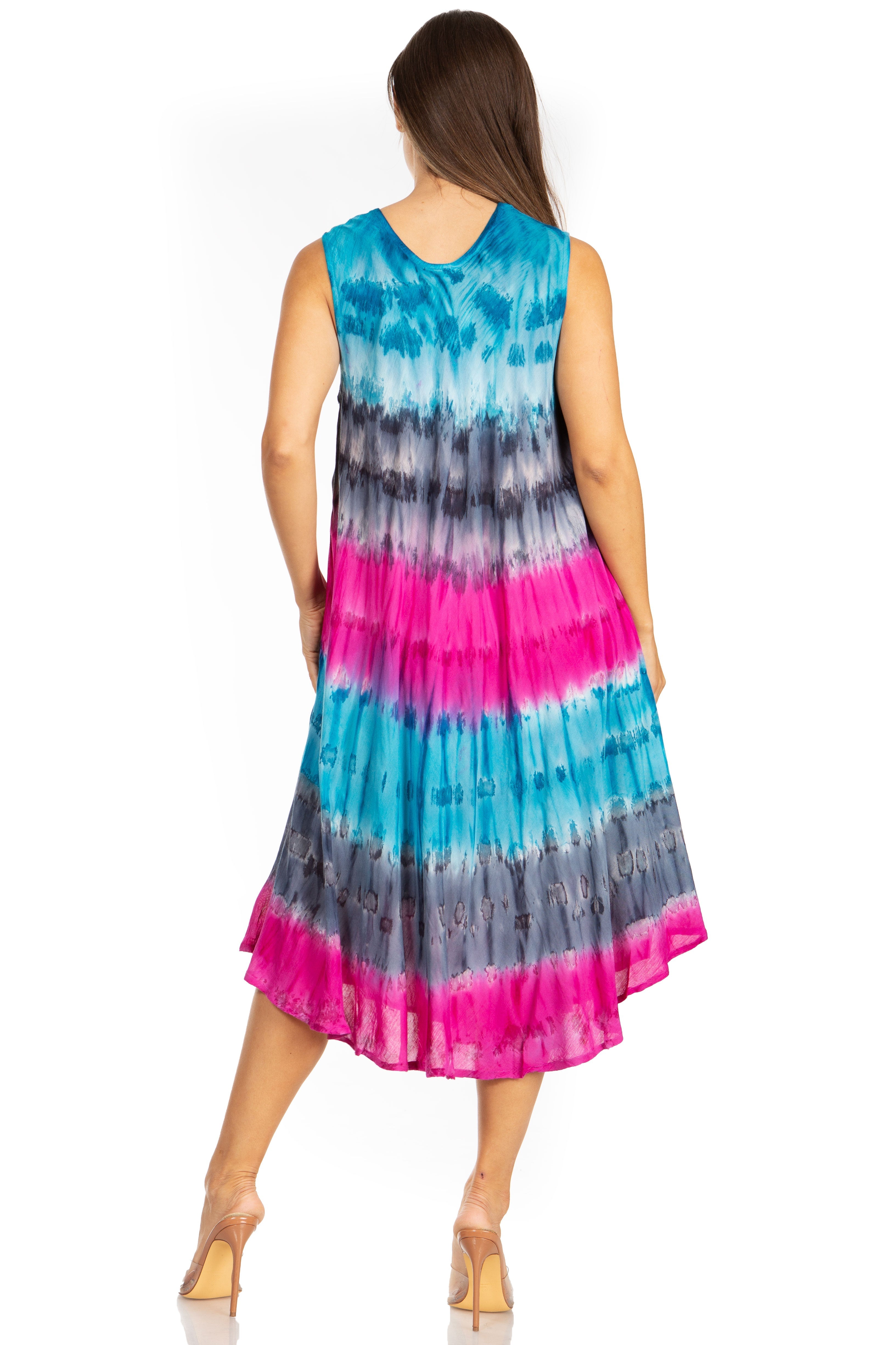 Woman wearing a colorful tie-dye dress on a white background