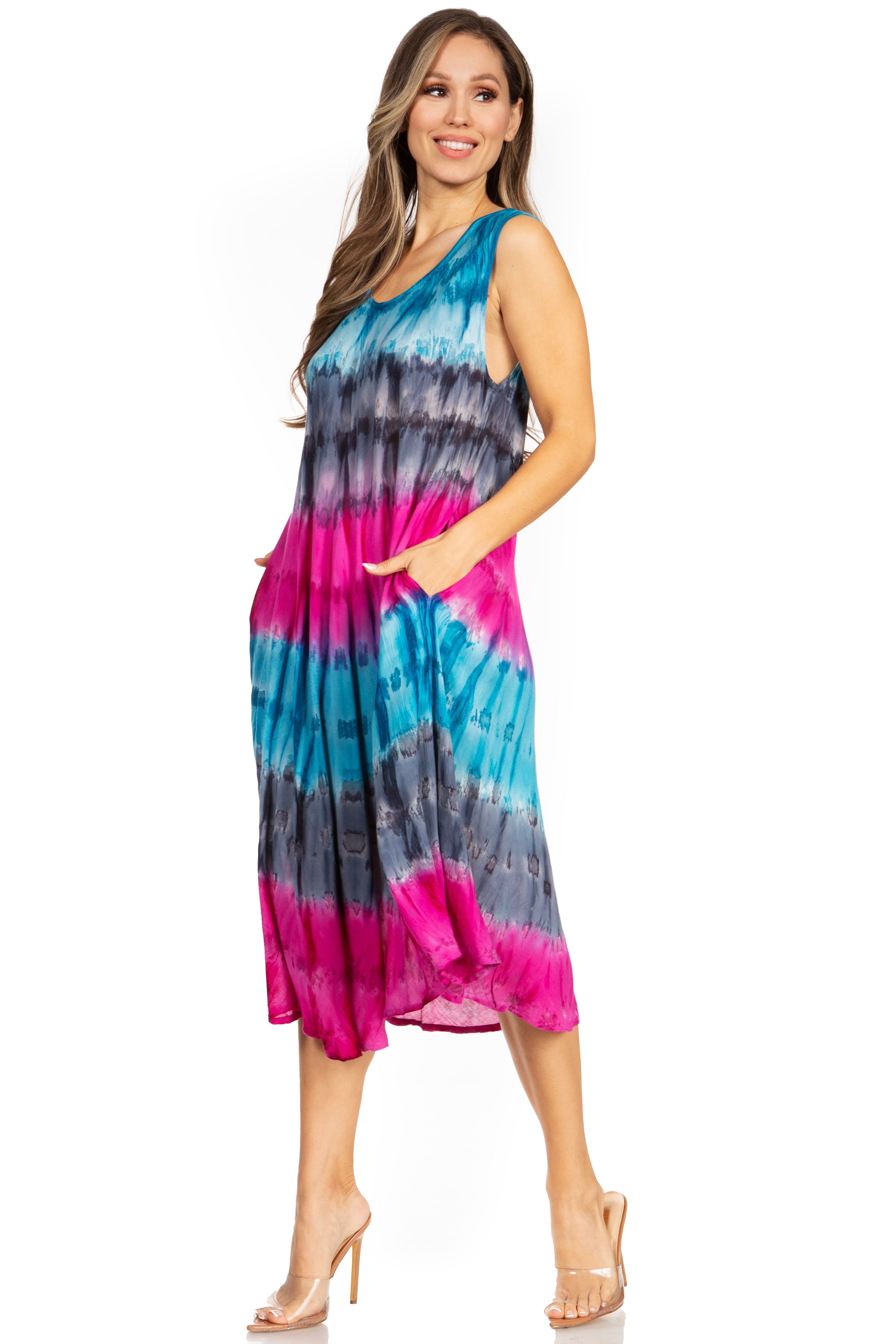 Woman wearing a tie-dye dress with blue, pink, and purple colors on a white background