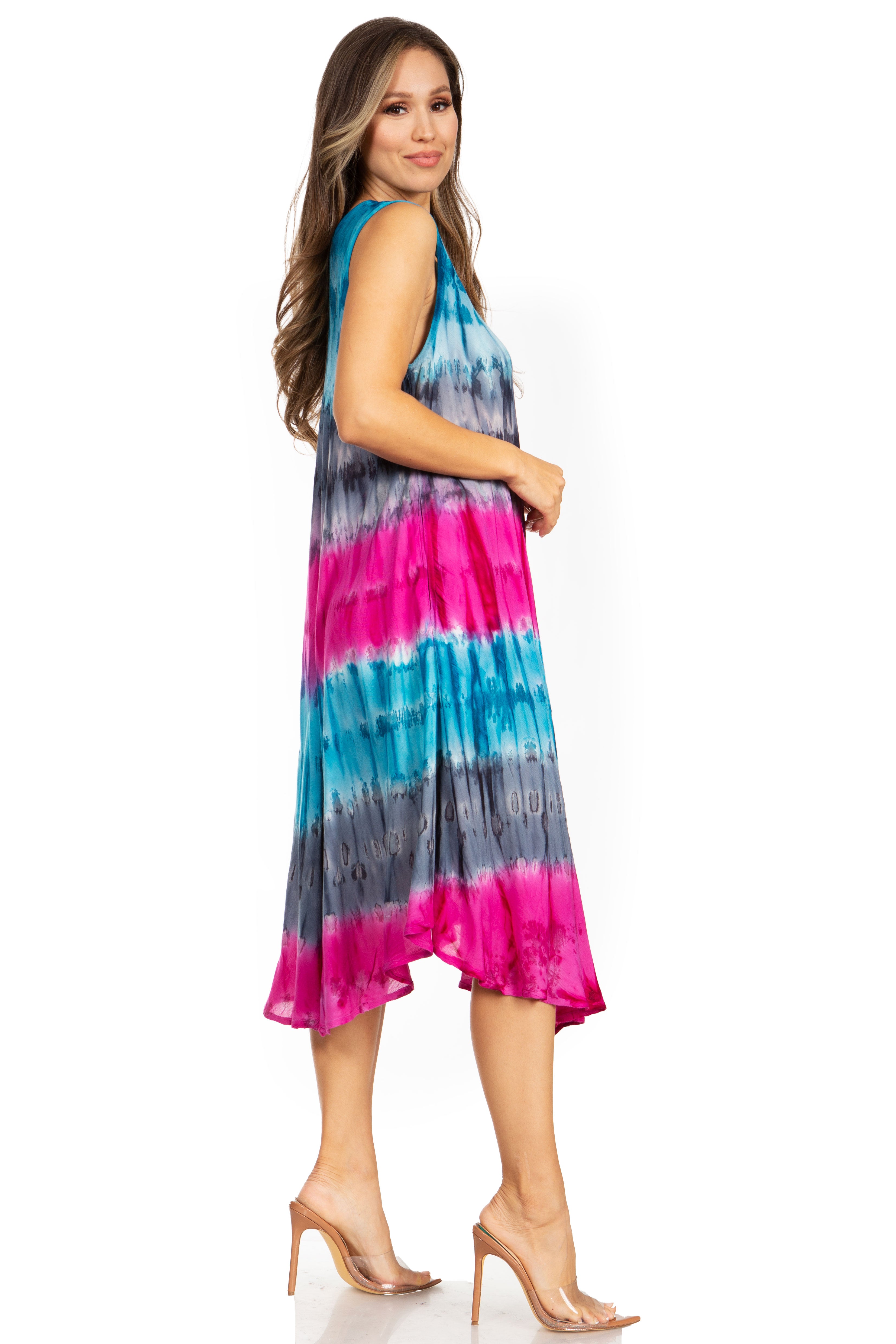 Woman wearing a colorful tie-dye dress on a white background