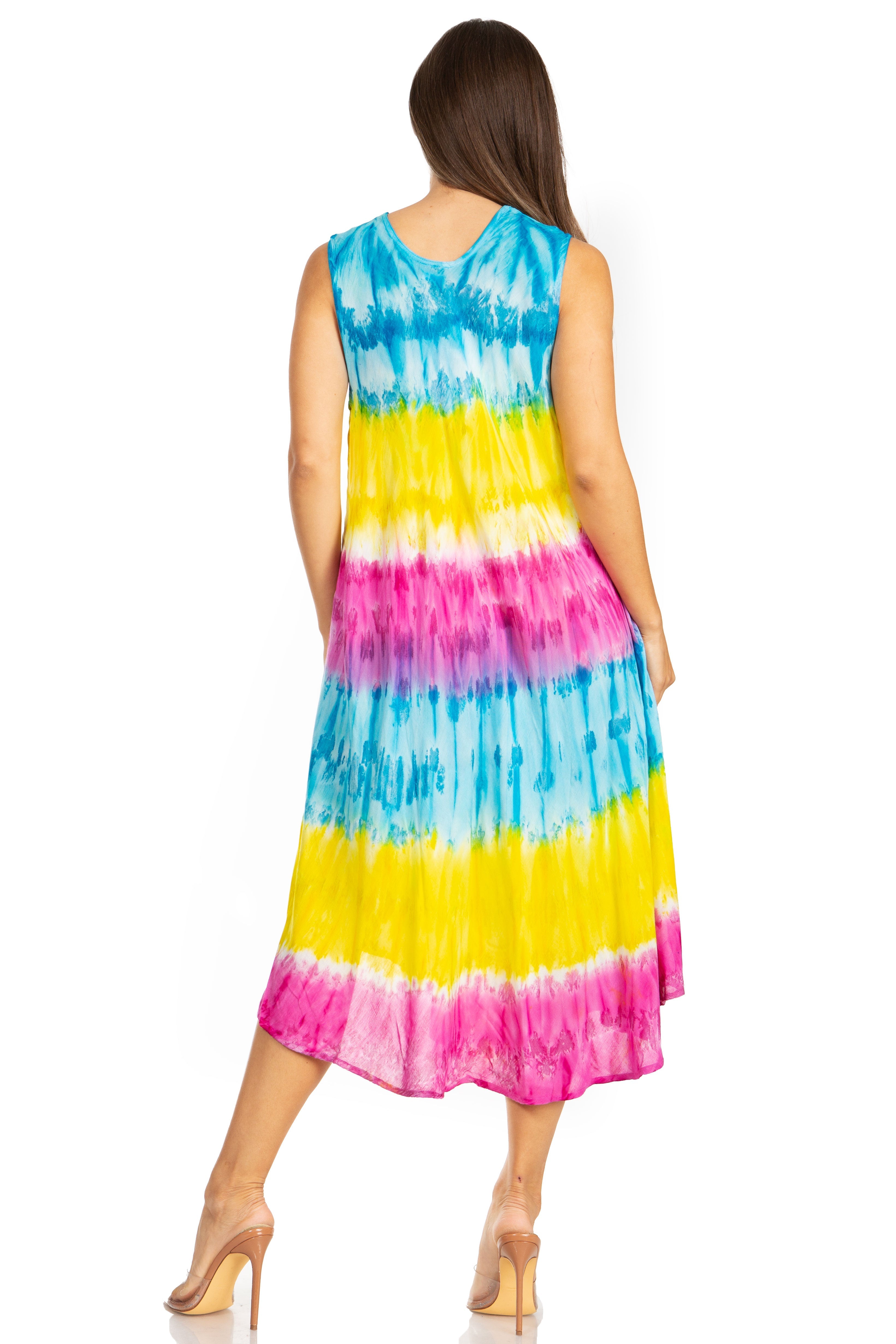 Woman wearing a colorful tie-dye dress on a white background