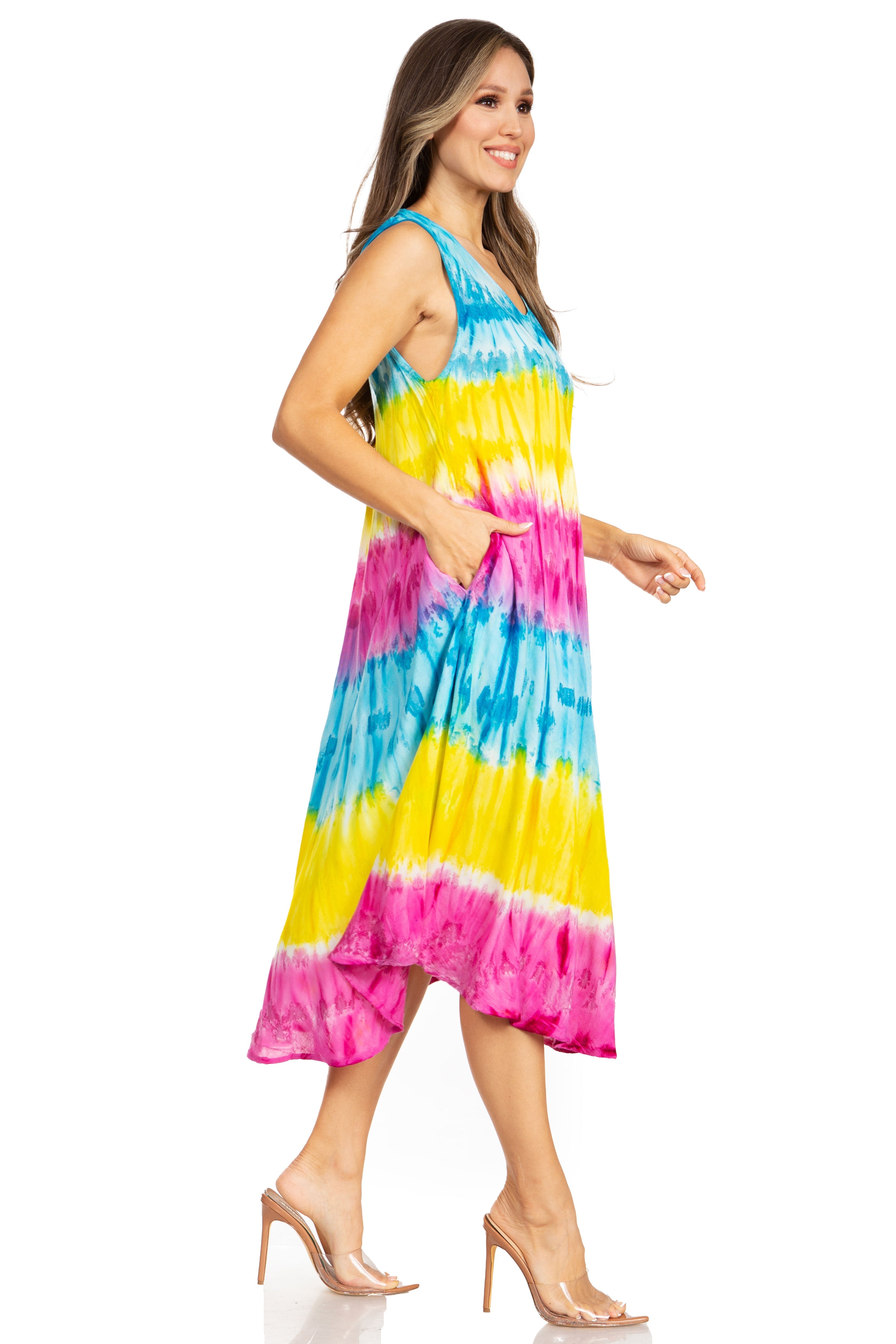 Woman wearing a colorful tie-dye dress on a white background