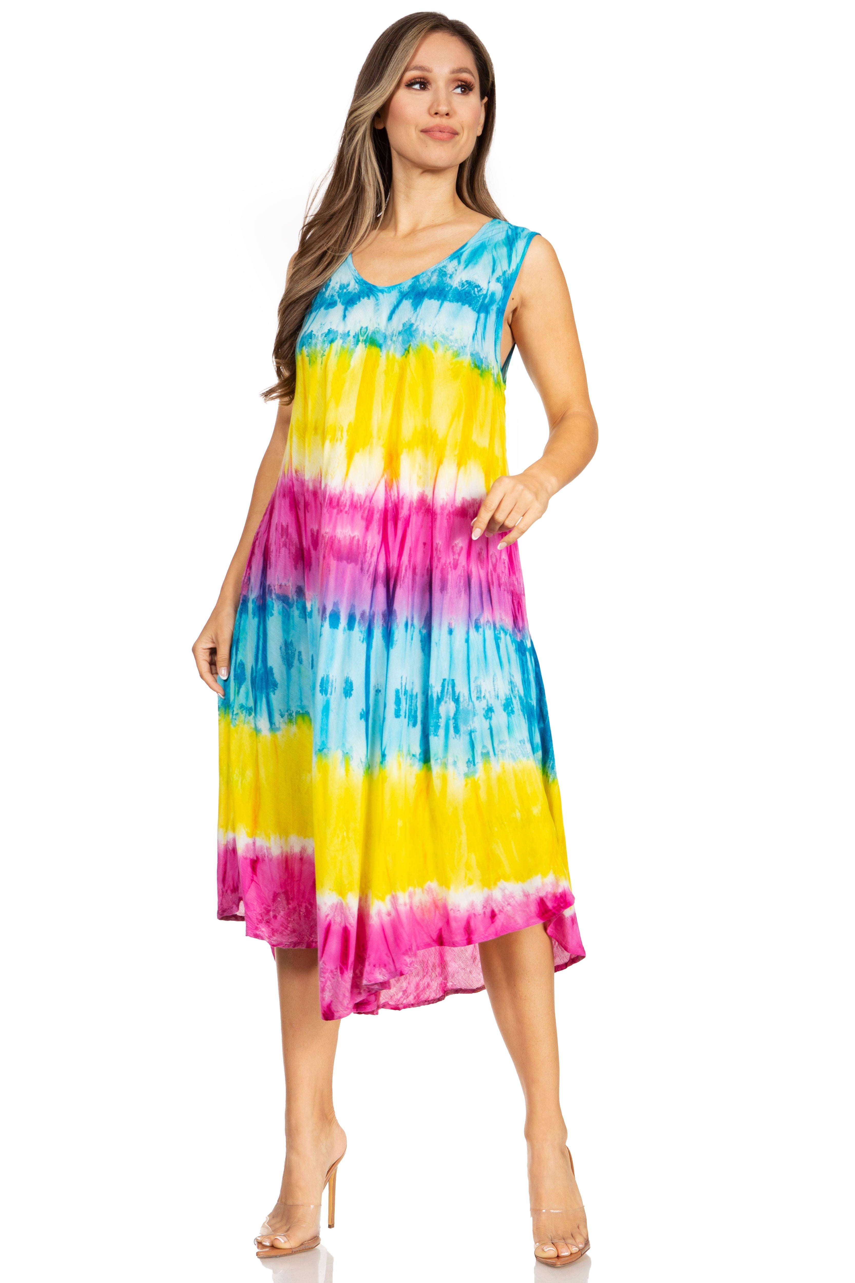 Woman wearing a colorful tie-dye dress on a white background