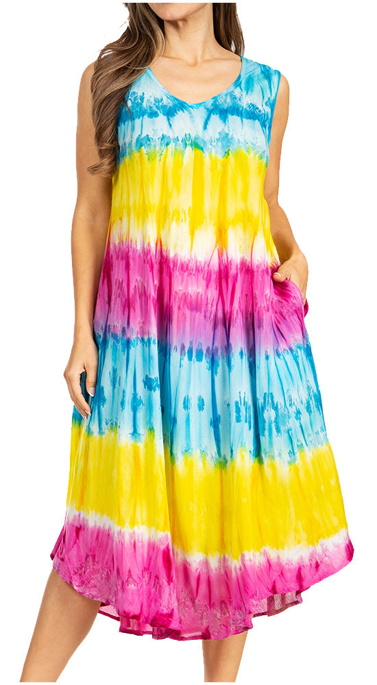 Woman wearing a colorful tie-dye dress on a white background