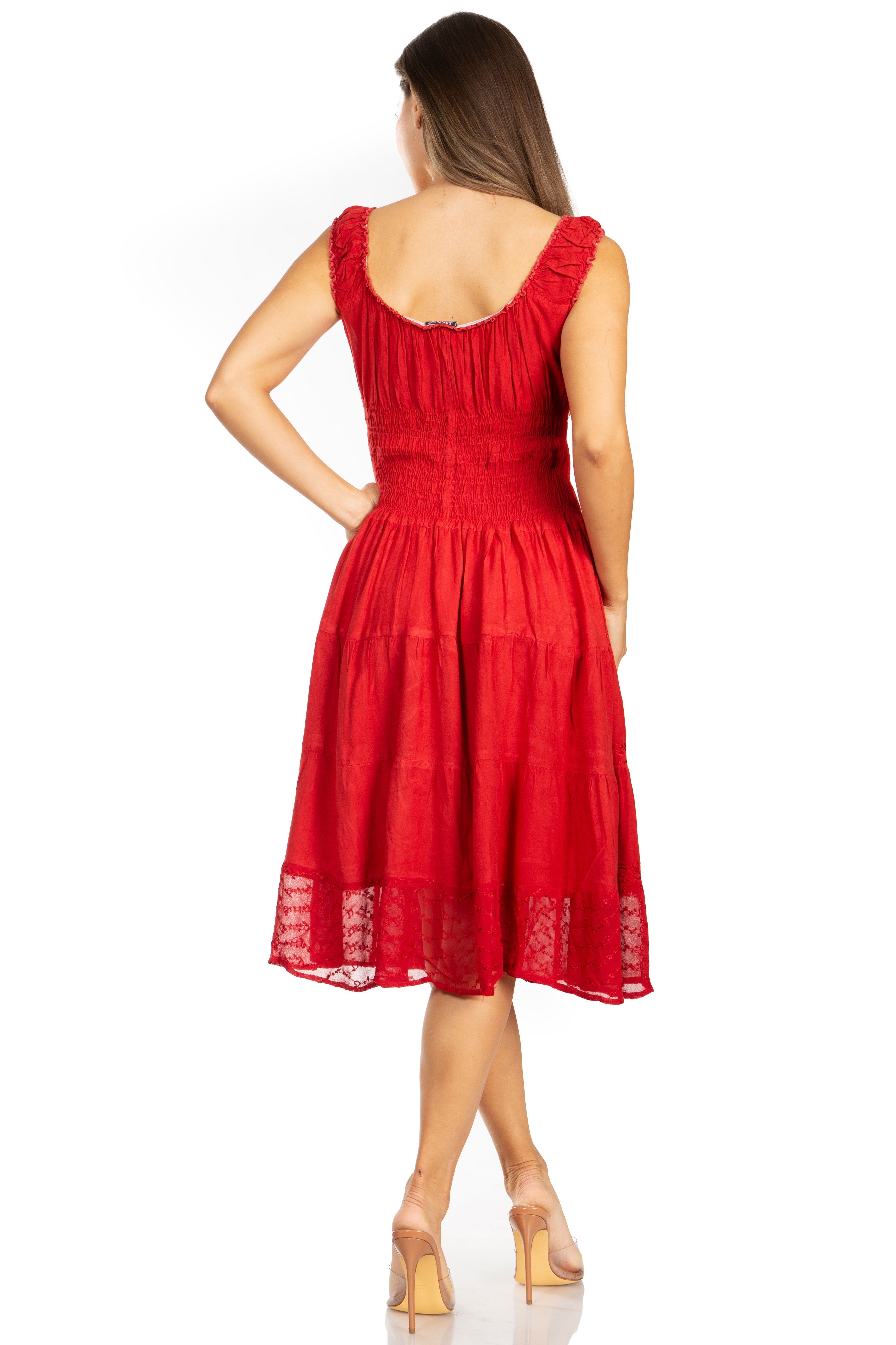 Red dress with lace details on a white background