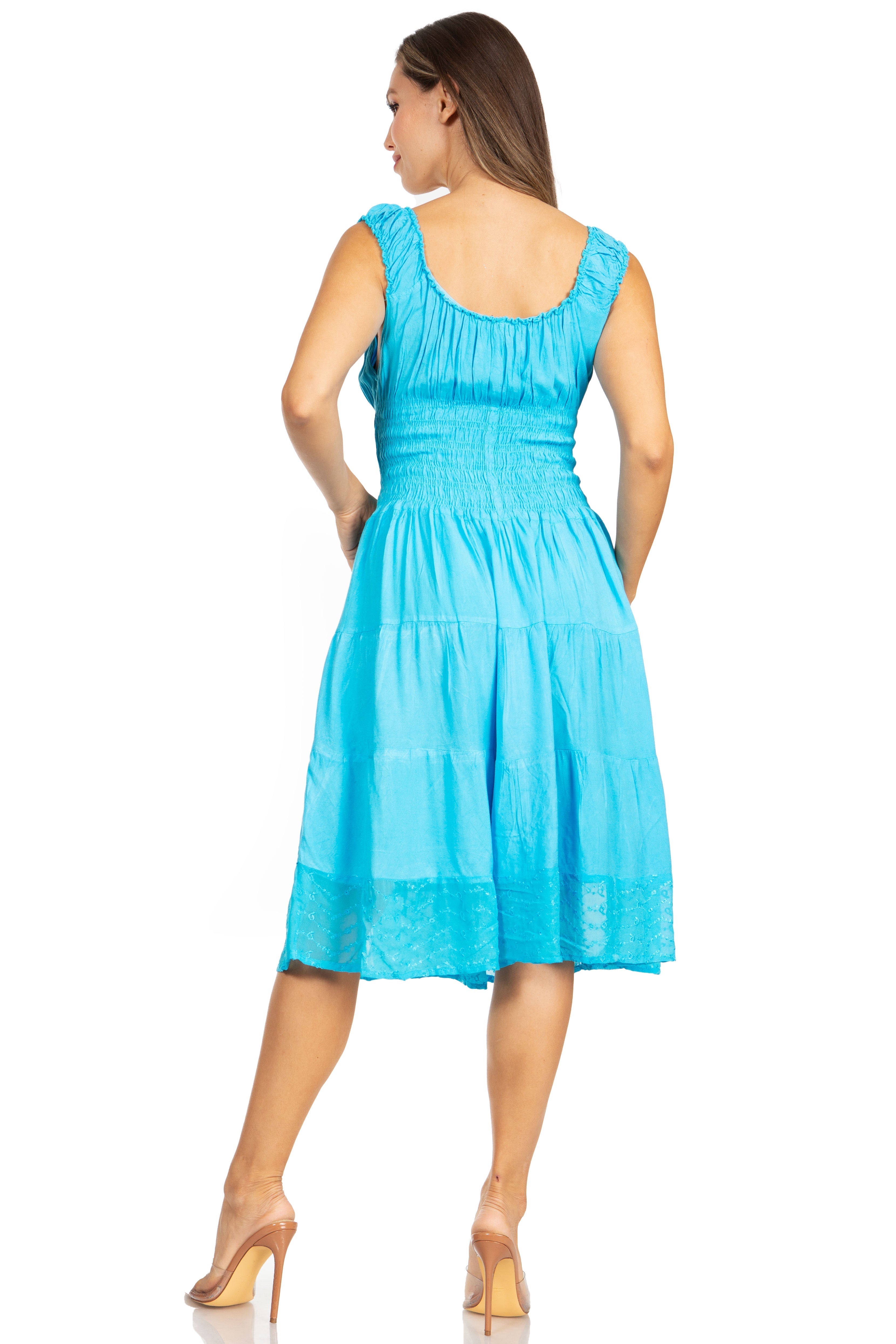 Woman wearing a blue dress on a white background