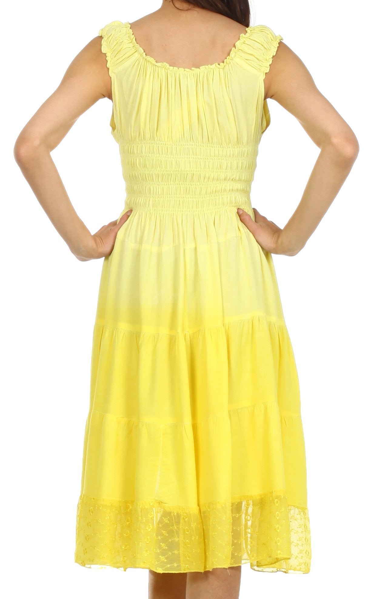 Yellow dress with ruffled neckline on a white background