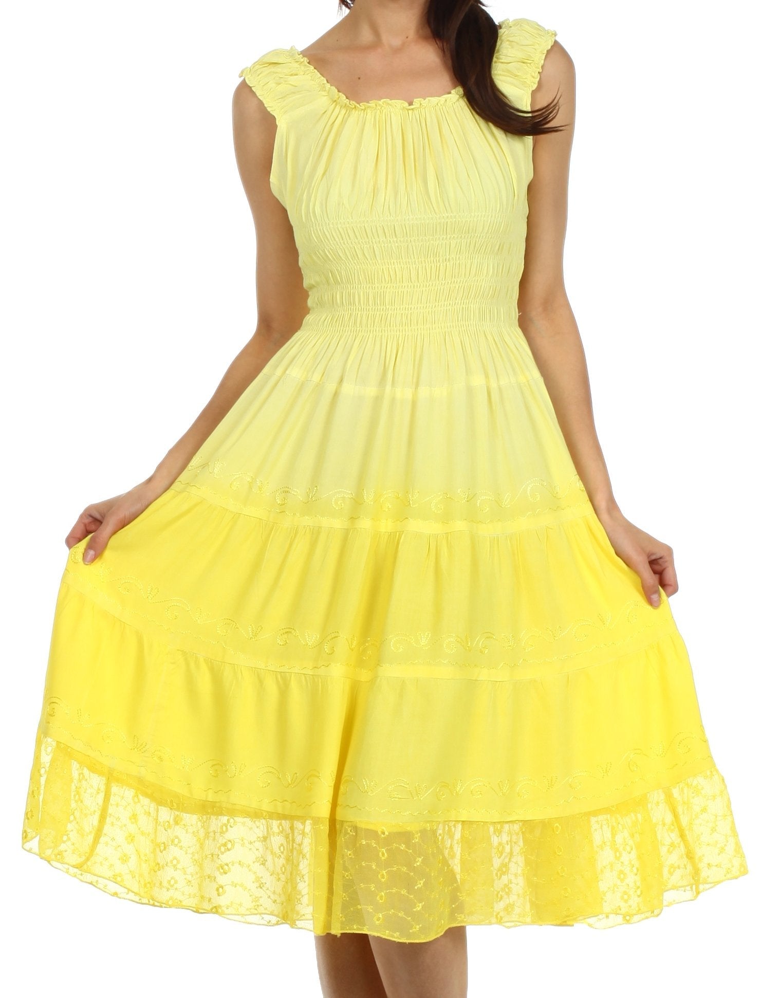 Yellow dress with lace details on a white background