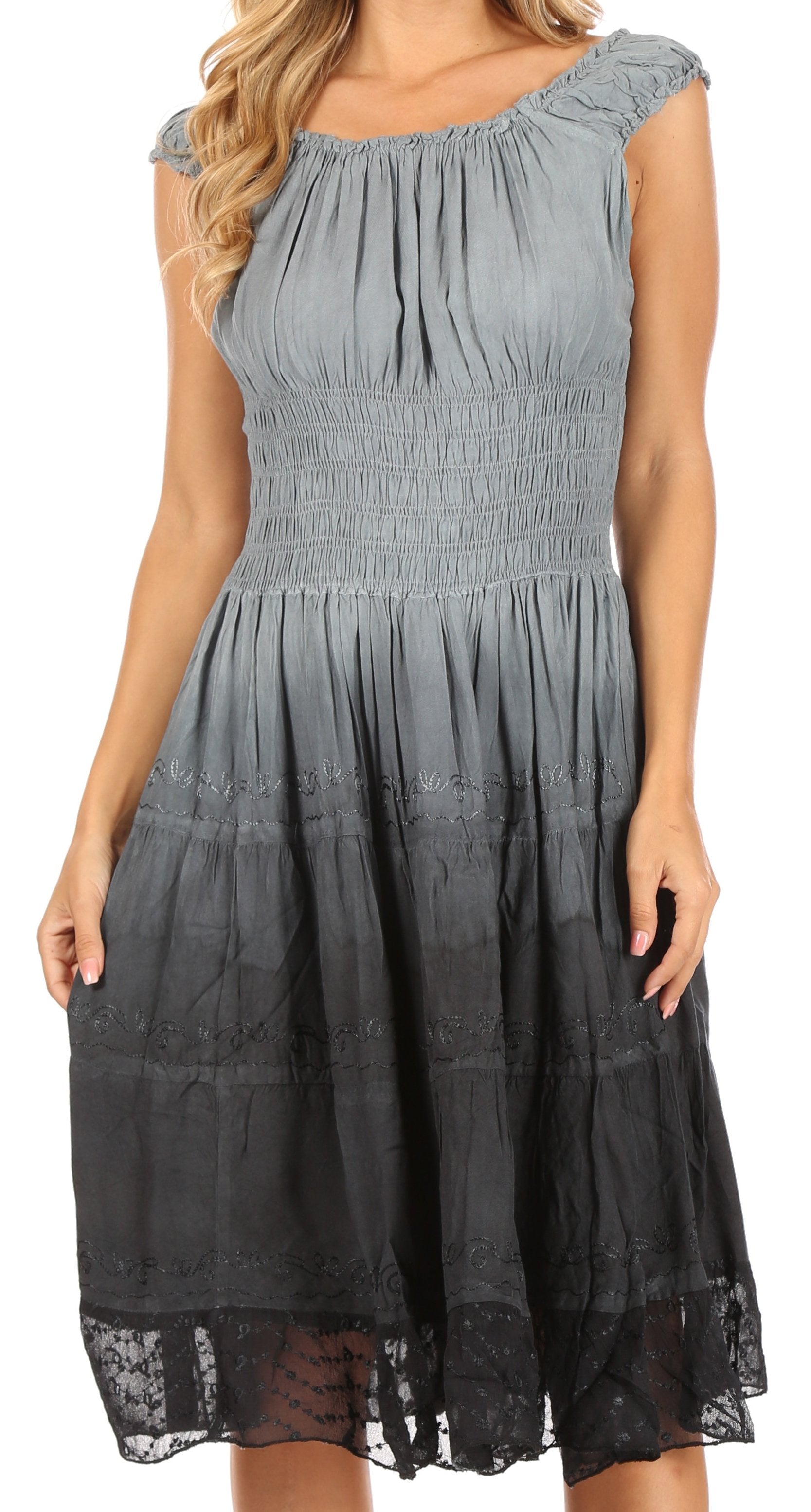 Gray dress with lace trim on a white background