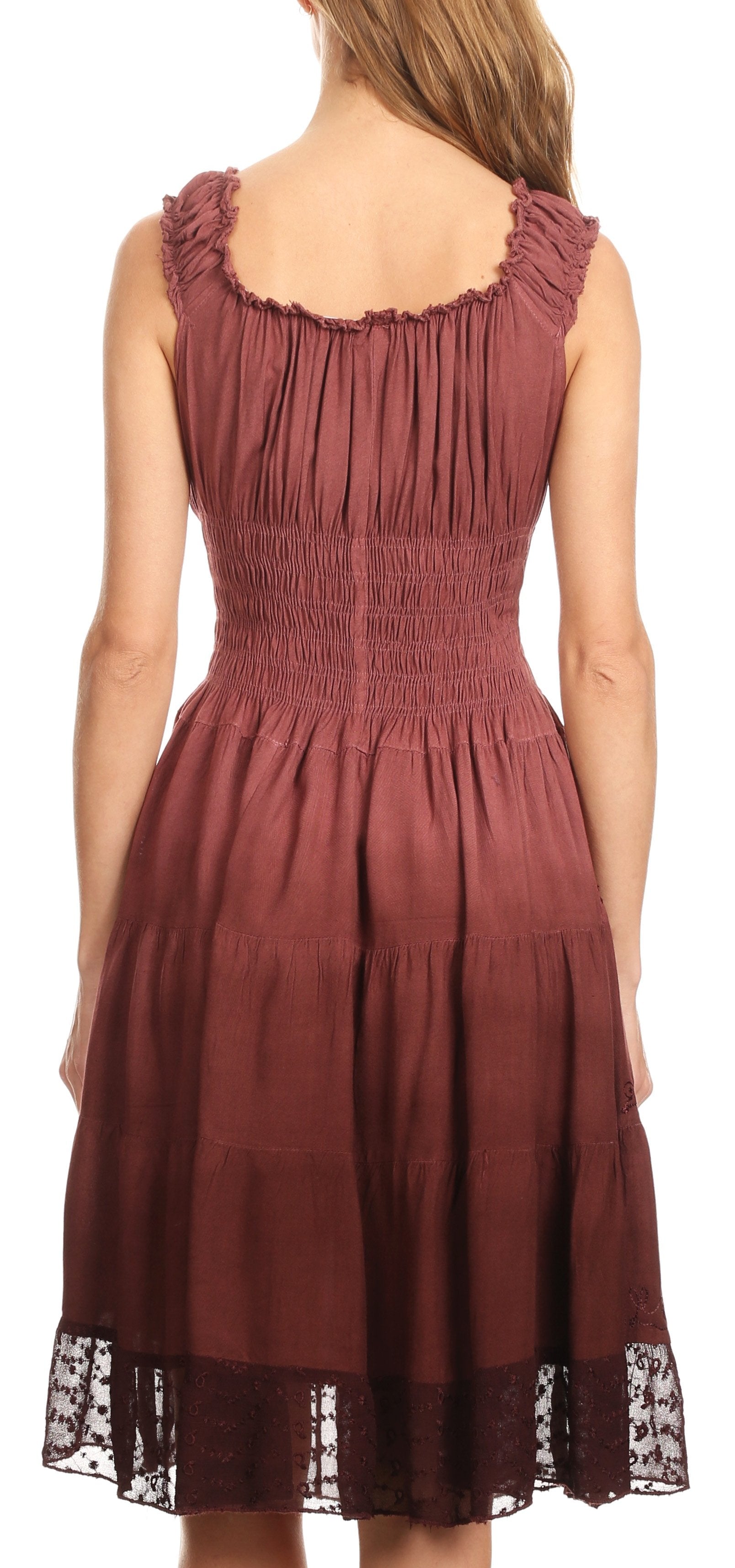 Brown dress with lace trim on a white background