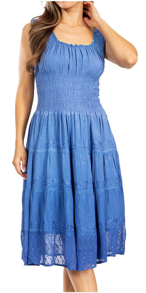 Blue dress with lace details on a white background
