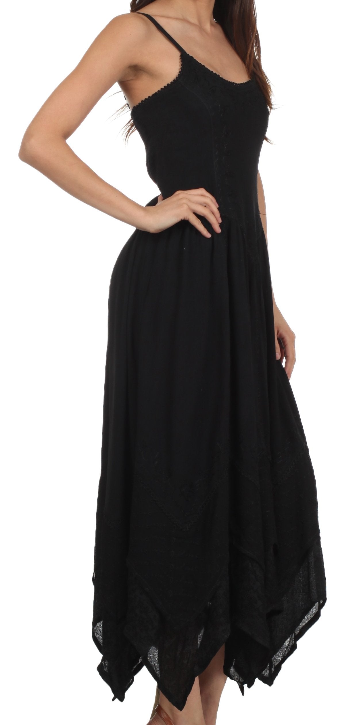 Black dress with a flowing skirt on a white background