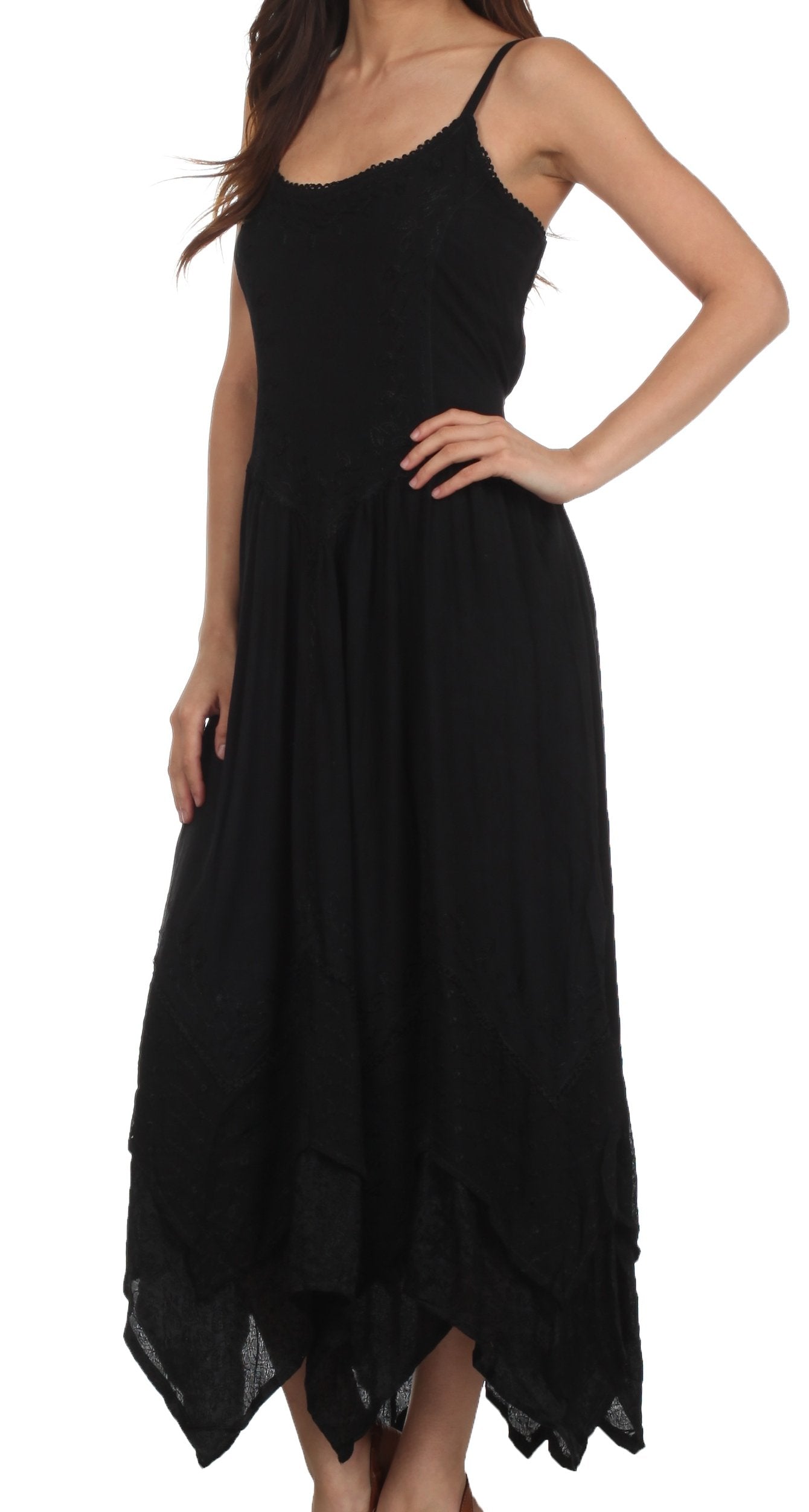 Black dress with a flowing skirt on a white background