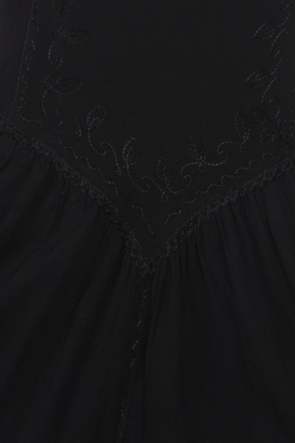 Close-up of a black dress with intricate lace detailing at the neckline.